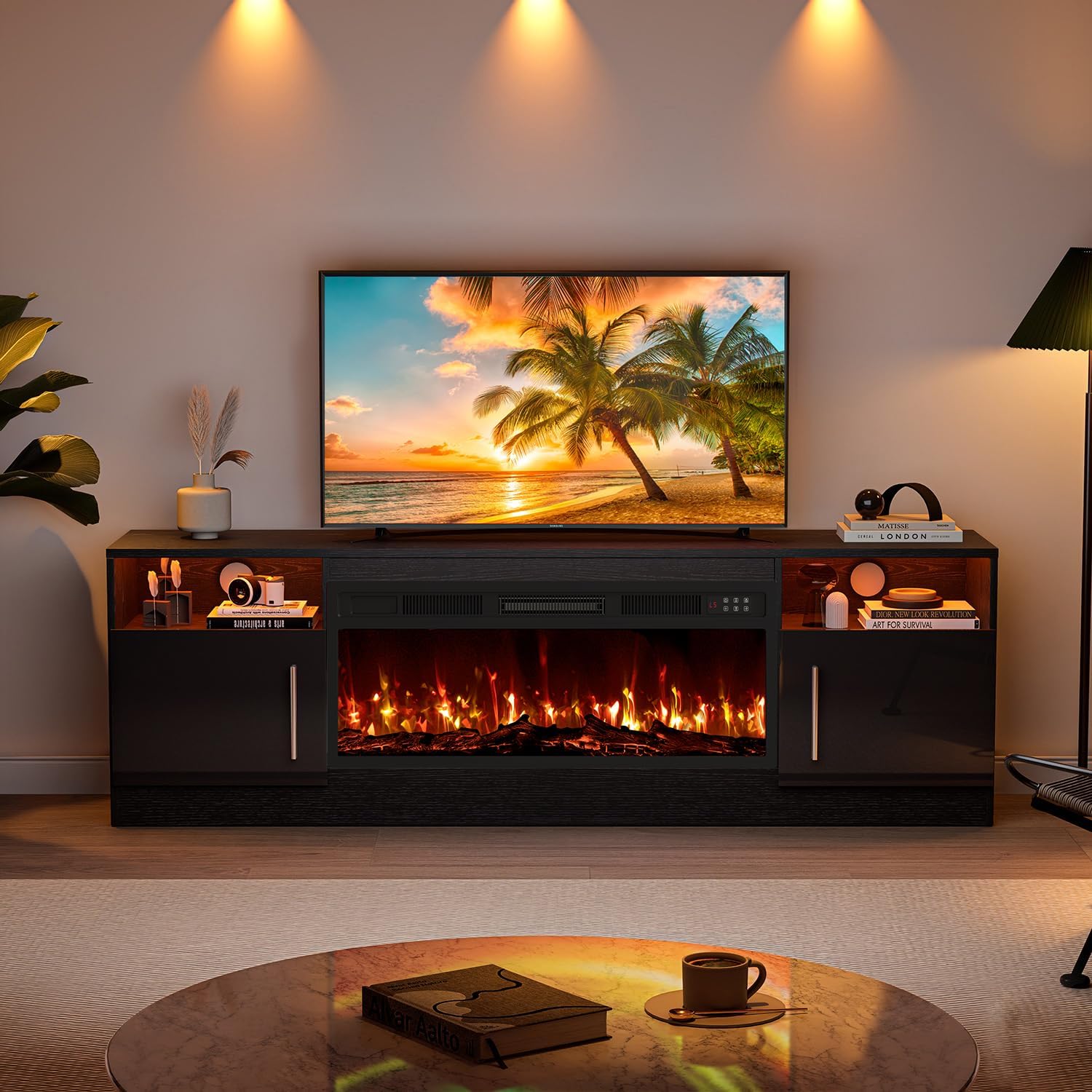 VITESSE Fireplace with TV Stand 36' inch Electric Fireplace Up to 80' TVs, LED Light Entertainment Center, 70' Modern Wood High Gloss with Highlight Storage Cabinet for Living Room (Black)