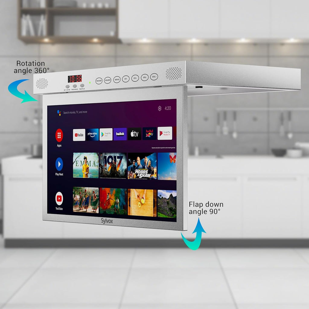 SYLVOX 15.6' Under Cabinet Smart TV – 360° Rotation, 90° Flip-Down Screen, Wireless Connectivity, Space-Saving Design for Kitchen, Bedroom, or RV. (Metallic Silver)