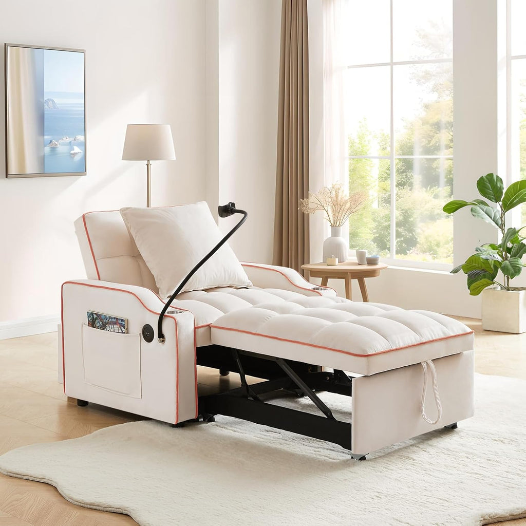 Convertible Sleeper Sofa Chair Bed, 3 in 1 Velvet Single Small Futon Sofa Bed with Phone Holder & USB Ports,Pull Out Couch Recliner with Adjustable Backrest for Living Room, Office, Small Place(Beige)
