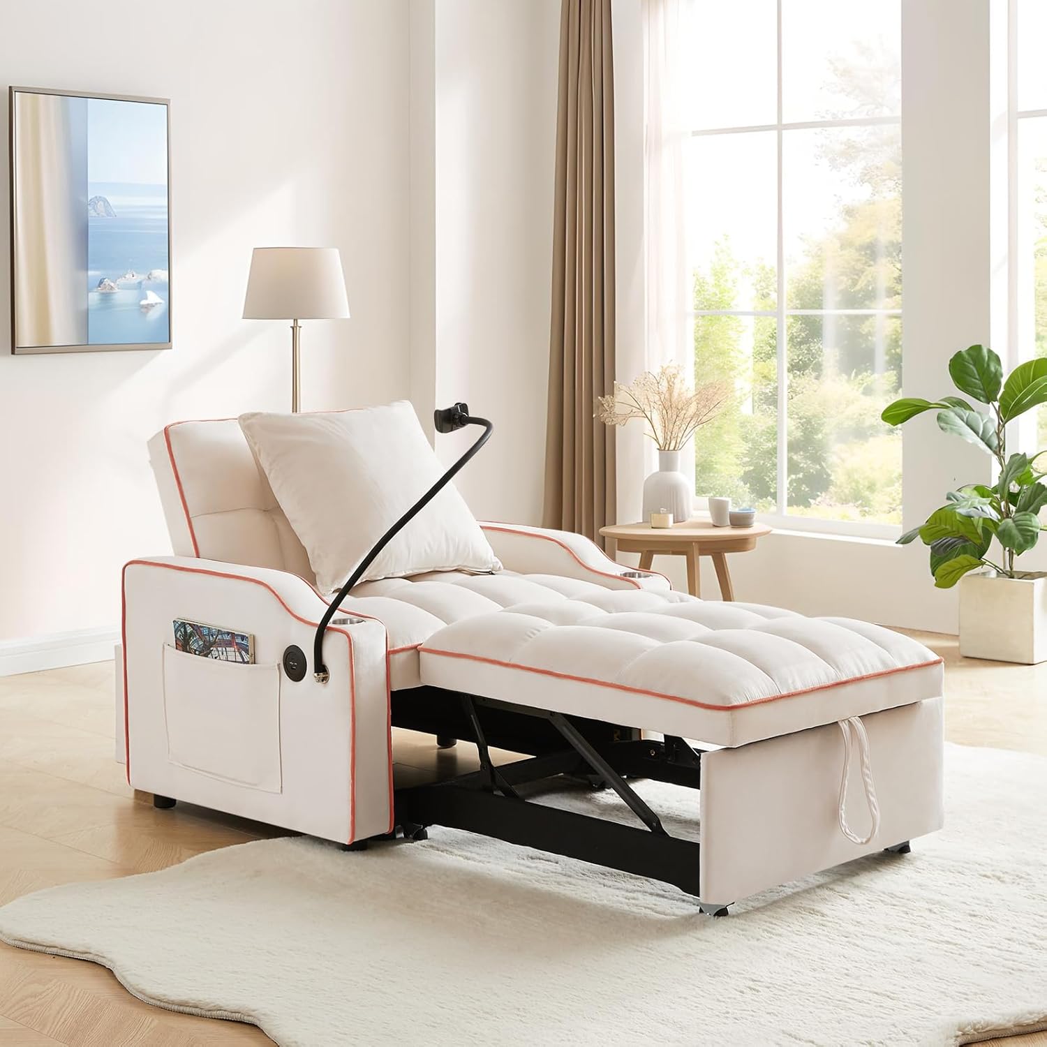Convertible Sleeper Sofa Chair Bed, 3 in 1 Velvet Single Small Futon Sofa Bed with Phone Holder & USB Ports,Pull Out Couch Recliner with Adjustable Backrest for Living Room, Office, Small Place(Beige)