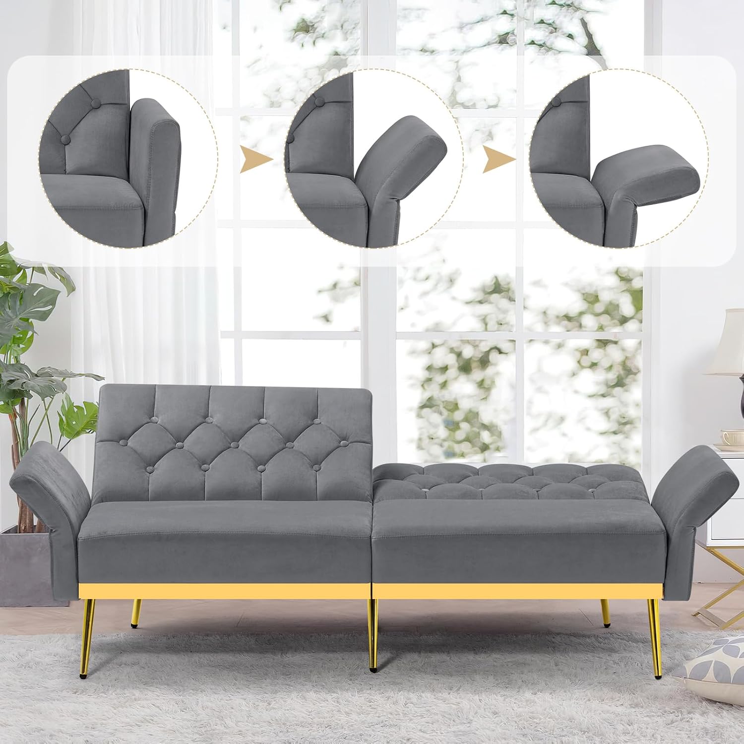 Velvet Sofa Bed w/Adjustable Armrests and Backrests, Modern Convertible Sleeper Sofa, Tufted Futon Sofa for Bedroom, Living Room, Apartment, Grey