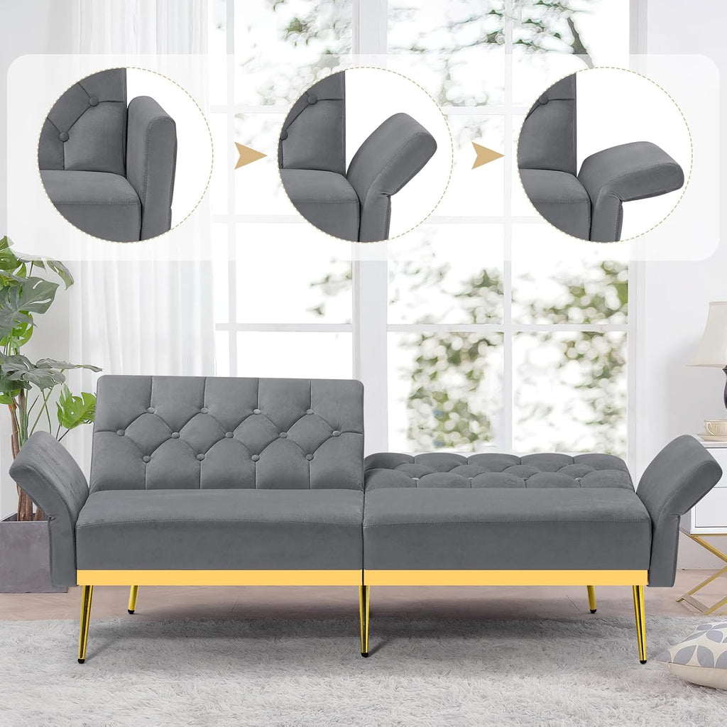 2 Pieces Velvet Sofa Set w/Adjustable Armrests and Backrests, Tufted Accent Chair w/Ottoman, Convertible Futon Sofa Bed for Bedroom, Living Room, Apartment, Grey