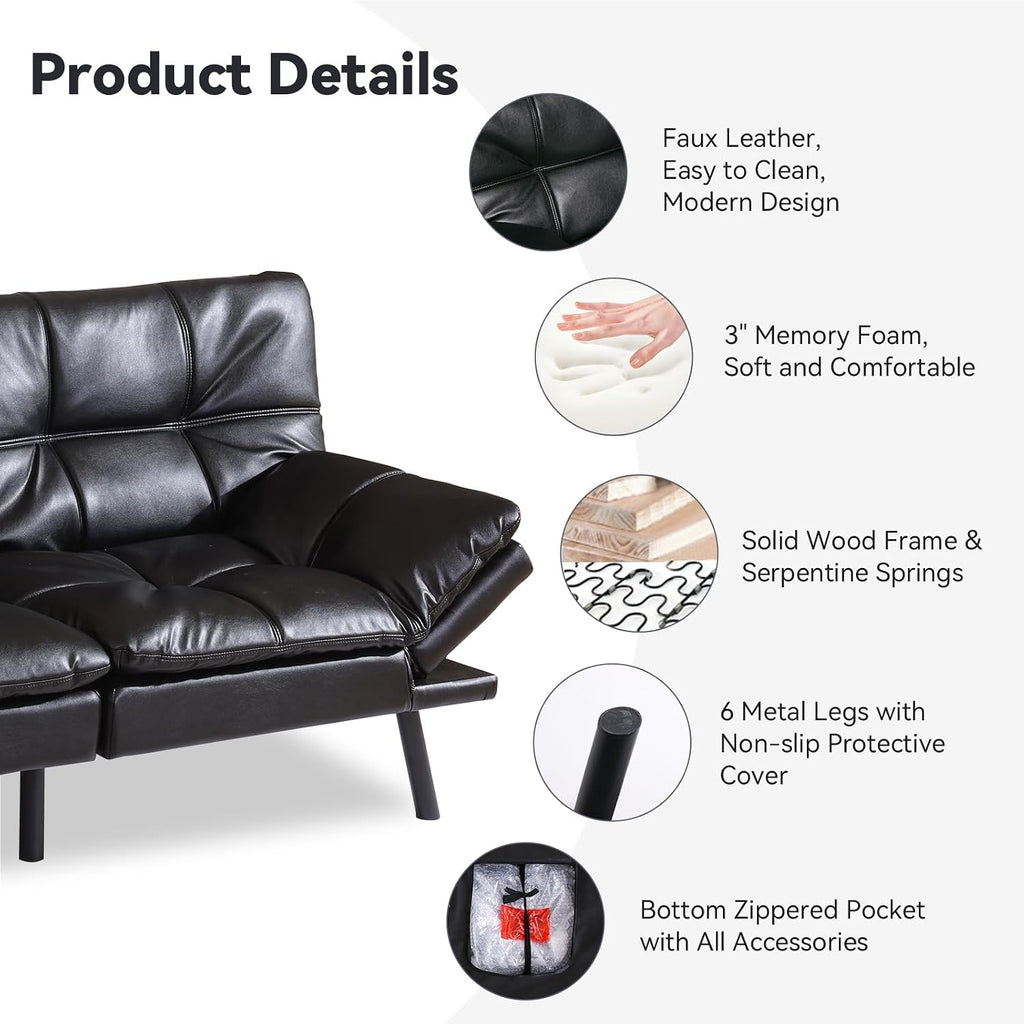 71' Convertible Futon Sofa Bed,Bright Black Faux Leather Futon Couch,Memory Foam Reclining Sleeper Sofa Bed,Modern Folding Small Loveseat Couches for Living Room,Office,Apartment