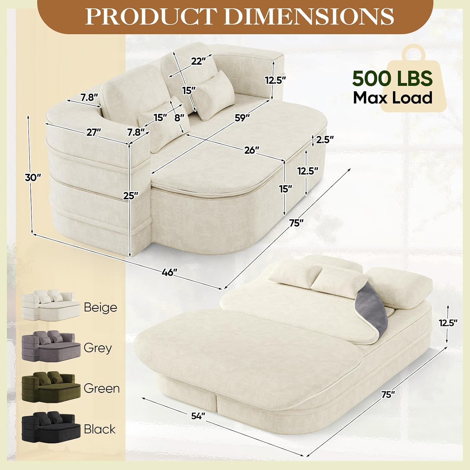 Antetek Convertible Sleeper Sofa, Modern Folding Futon Chenille Floor Foam Compression Loveseat Sofa Bed Couch, Foldable Full-Size Guest Bed with 4 Pillows for Living Room Bedroom Apartment, Beige