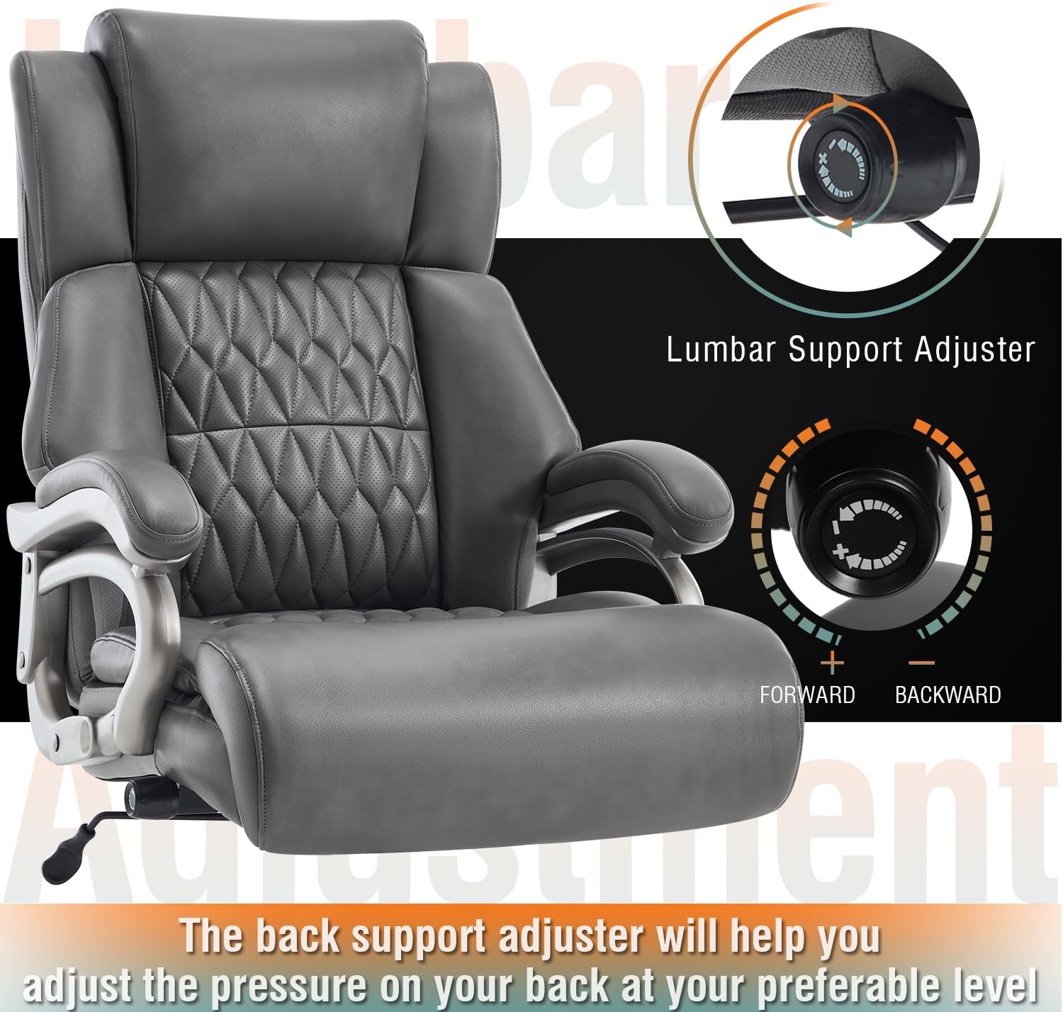 Big and Tall 400lbs Office Chair - Adjustable Lumbar Support Quiet Rubber Wheels Heavy Duty Metal Base, High Back Large Executive Computer Desk, Thick Padded Ergonomic Design for Back Pain