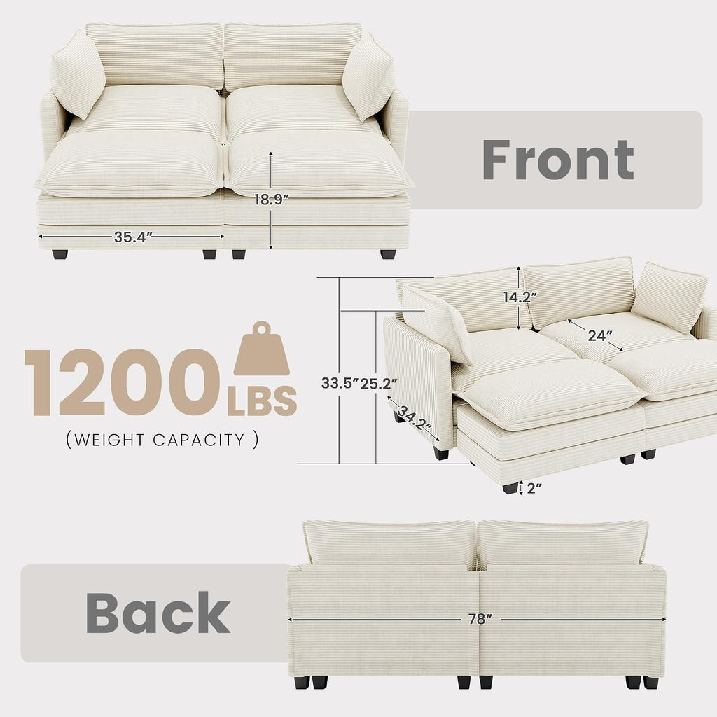 78'' Modular Sectional Cloud Couch with 2 Movable Ottoman, 4 Seat Comfy Modern Corduroy Sofa with 2 Throw Pillows, Deep Seat Sleeper Couch for Living Room Bedroom Apartment, Beige