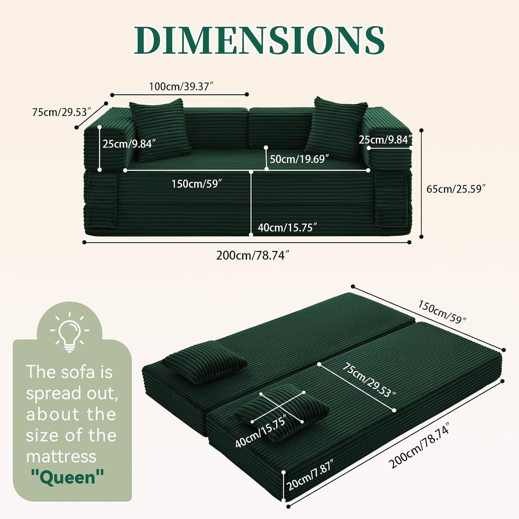 KBQ 3-Seat Convertible Sleeper Sofa Bed with 3 Pillows, Boneless Sofa in a Box Corduroy Folding Mattress Couch, Floor Sofa Lounge Couch for Living Room Bedroom Lounge, Deep Green