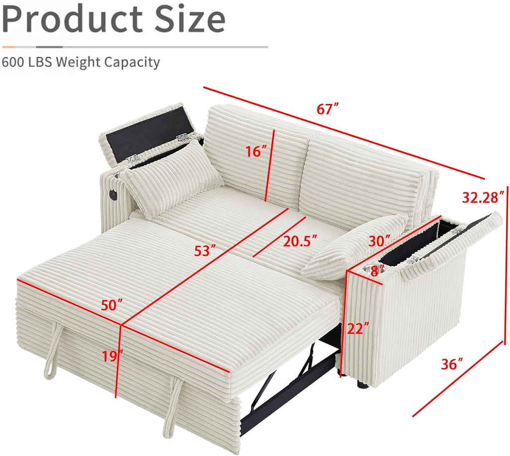 hansones 68.11' Corduroy Sleeper Chair Bed with USB Port, Cup Holders & Side Storage Pockets – 3-in-1 Foldable Sofa Bed for Guest Room, Living Room – White