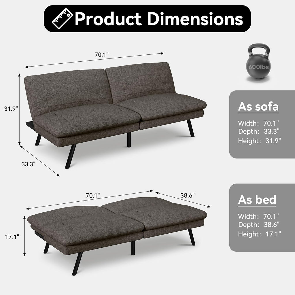 Convertible Sofa Bed,Linen Futon Sofa Couch,Detachable Cushion,Adjustable Backrest,Memory Foam Folding Futon Loveseat Sleeper for Living Room,Office,Apartment,Pure Grey