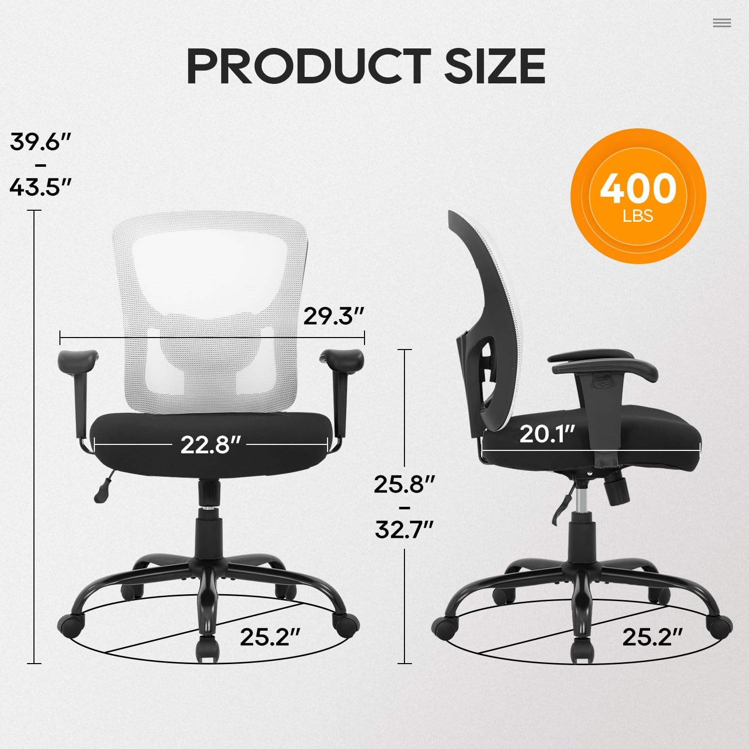 BestOffice Big and Tall Office Chair 400lbs Desk Chair Mesh Computer Chair with Lumbar Support Wide Seat Adjust Arms Rolling Swivel High Back Task Executive Ergonomic Chair for Home Office, White