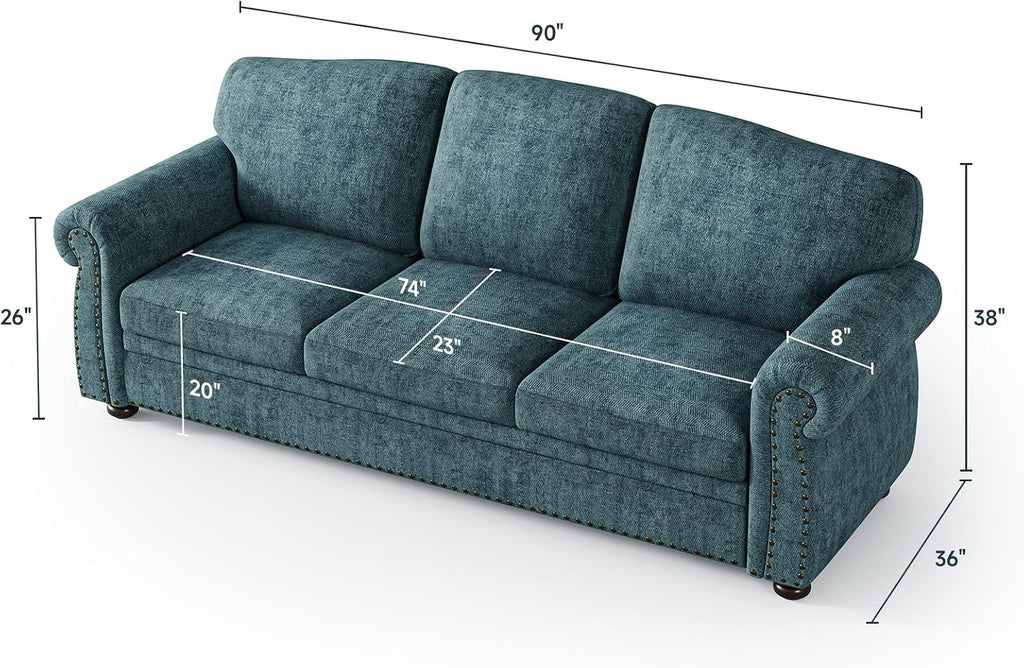 ONBRILL 90 Inch Rolled Arm Sofa for Living Room, Deep Seat Nailhead Trim Couch, Comfy 3 Seater Chenille Couch w/Wooden Leg, Springs Seat Cushion, Large Traditional Sofa for Farmhouse, Blue