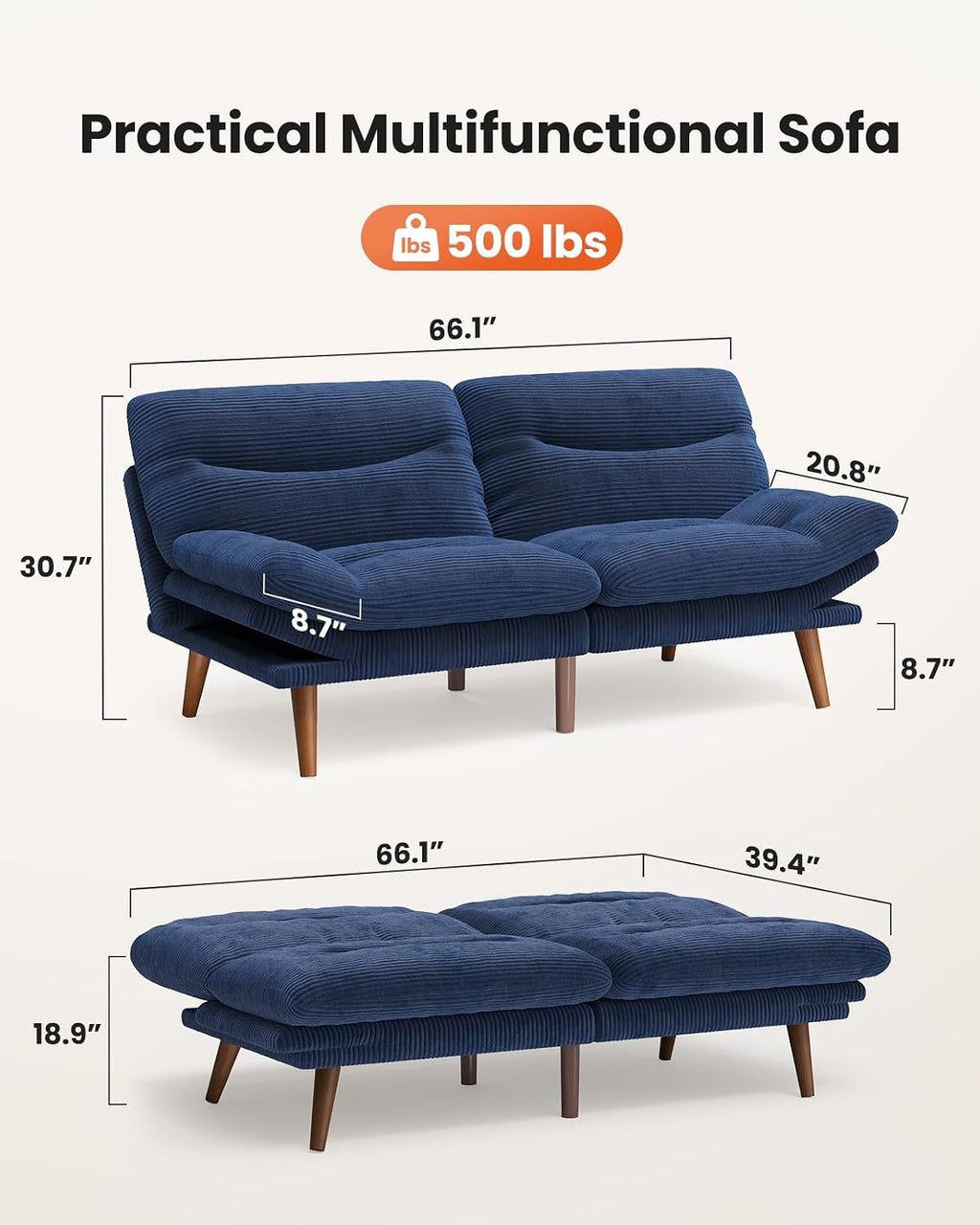 66″Futon Sofa Bed,3-in-1 Futon Couch w/Adjustable Backrest & Armrests, Convertible Sleeper Sofa Bed, Small Folding Sleeper Recliner w/Removable Cushion for Apartment, Living Room,Office (66in,Blue)