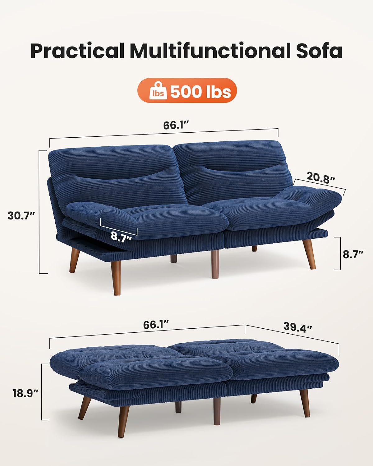 66″Futon Sofa Bed,3-in-1 Futon Couch w/Adjustable Backrest & Armrests, Convertible Sleeper Sofa Bed, Small Folding Sleeper Recliner w/Removable Cushion for Apartment, Living Room,Office (66in,Blue)