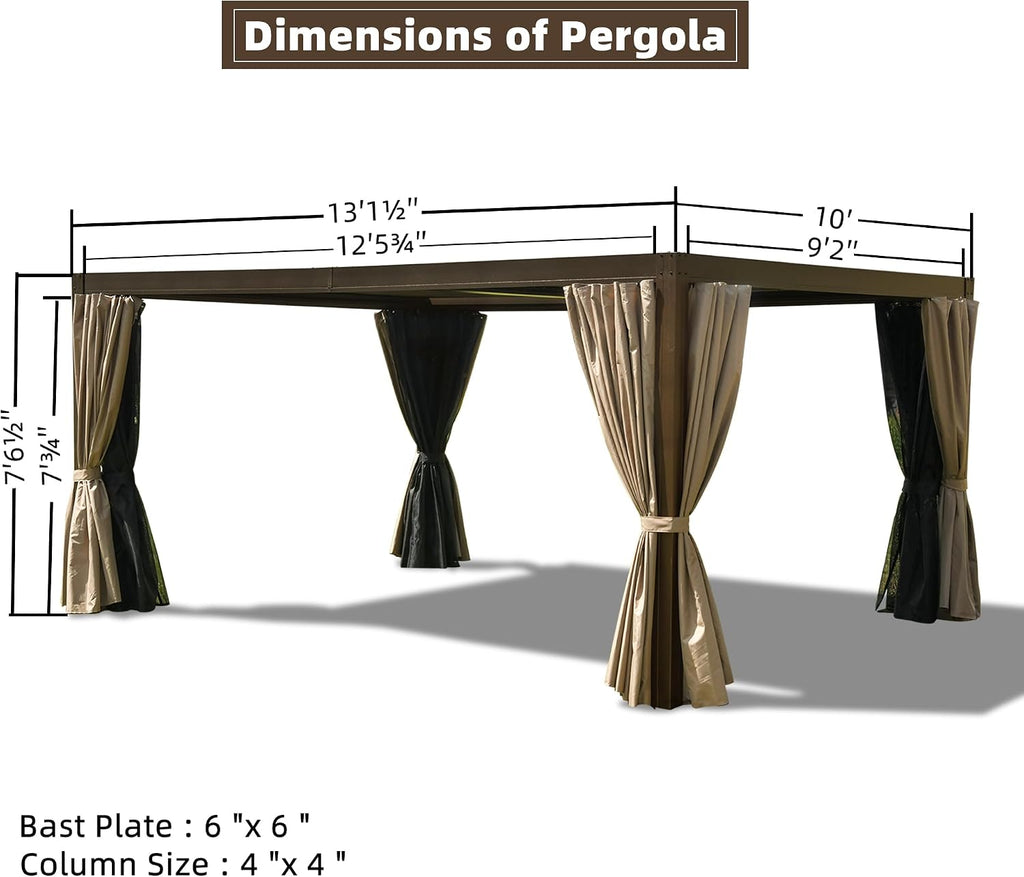 Domi 10x13FT Louvered Pergola, Full Aluminum Pergola with Adjustable Louvered Roof, Outdoor Pergola with Waterproof Curtains and Netting, Dark Brown