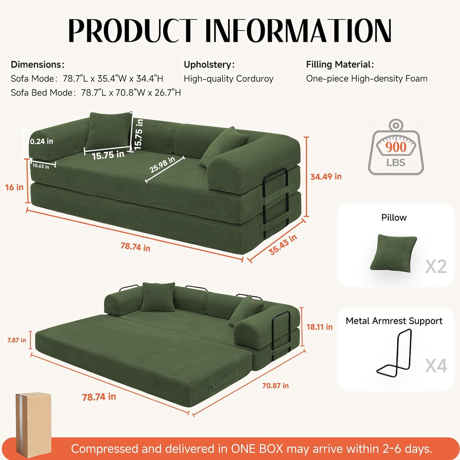 79'' Convertible Sofa Bed, Boneless Couch-in-a-Box, Corduroy Floor Futon Loveseat Sleeper, 26'' Deep Seat, Removable Machine-Wash Covers, No Assembly, 2 Pillows, Forest Green