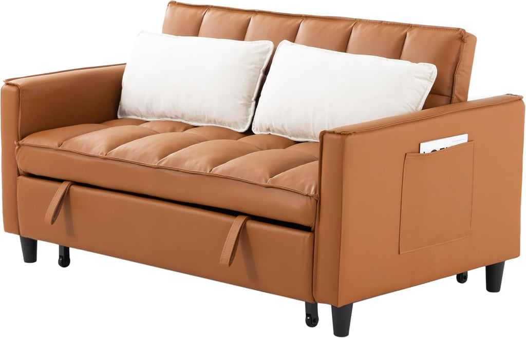 3 in 1 Convertible Sofa Bed, Love Seat Sleeper Bed with Side Pockets, PU Fabric Pull Out Couch with Adjustable Backrest for Living Room, Bedroom, Apartment, Brown