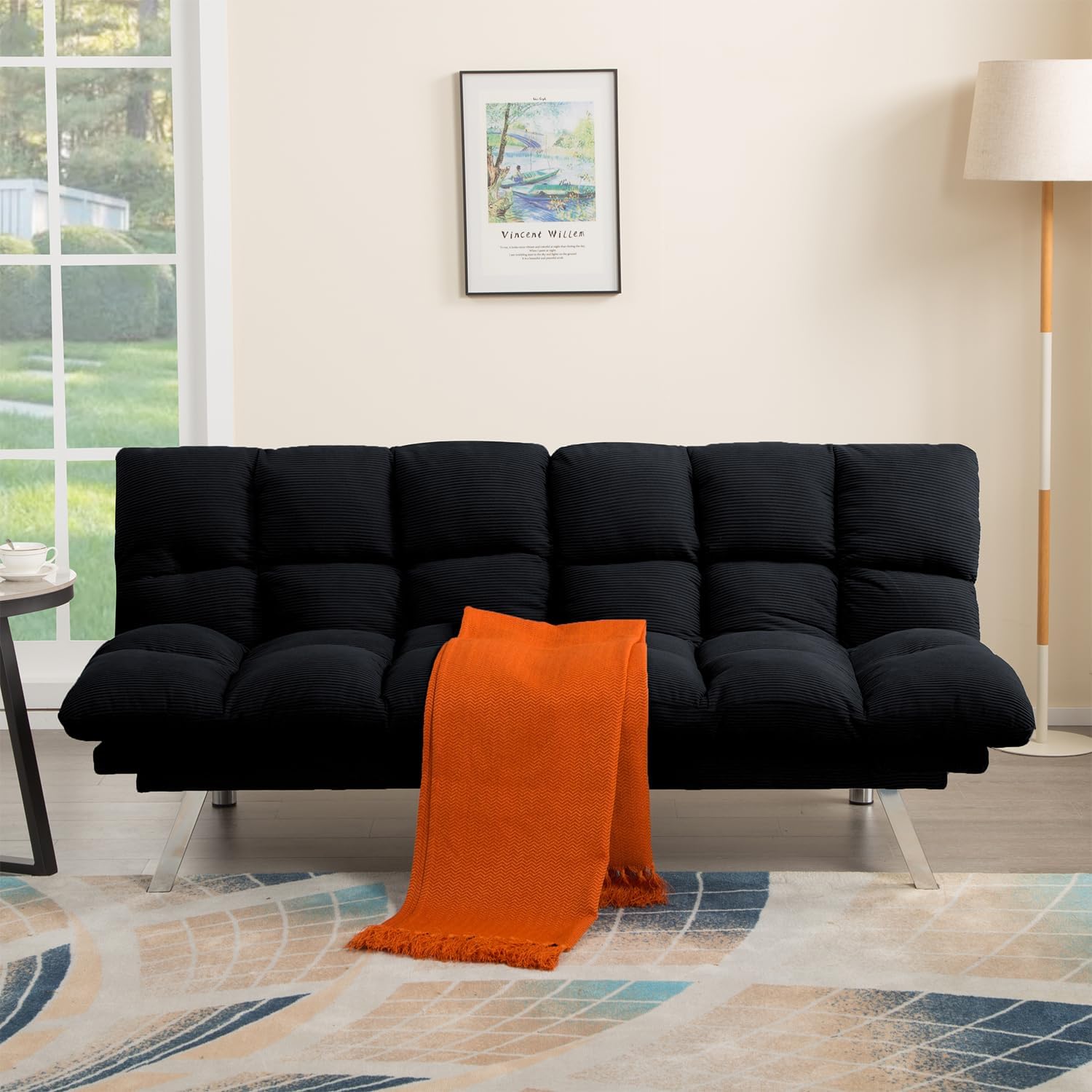 Black Modern Corduroy Convertible Folding Futon Couch Sofa Bed，Armless Cloud Double Loveseat Sofa Adjustable Backrest for Compact Living Dorm Game Studio Apartment Bedroom