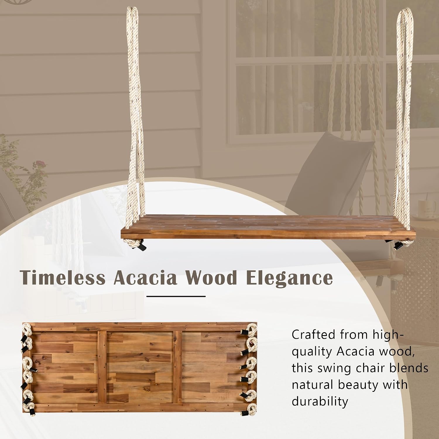 Merax Outdoor Patio Wooden Swing Chair, 2-Seat Hanging Porch Hammock Bench with Cushion & Pillows, 10.8Ft Hemp Ropes for Garden, Backyard, Lawn, Natural