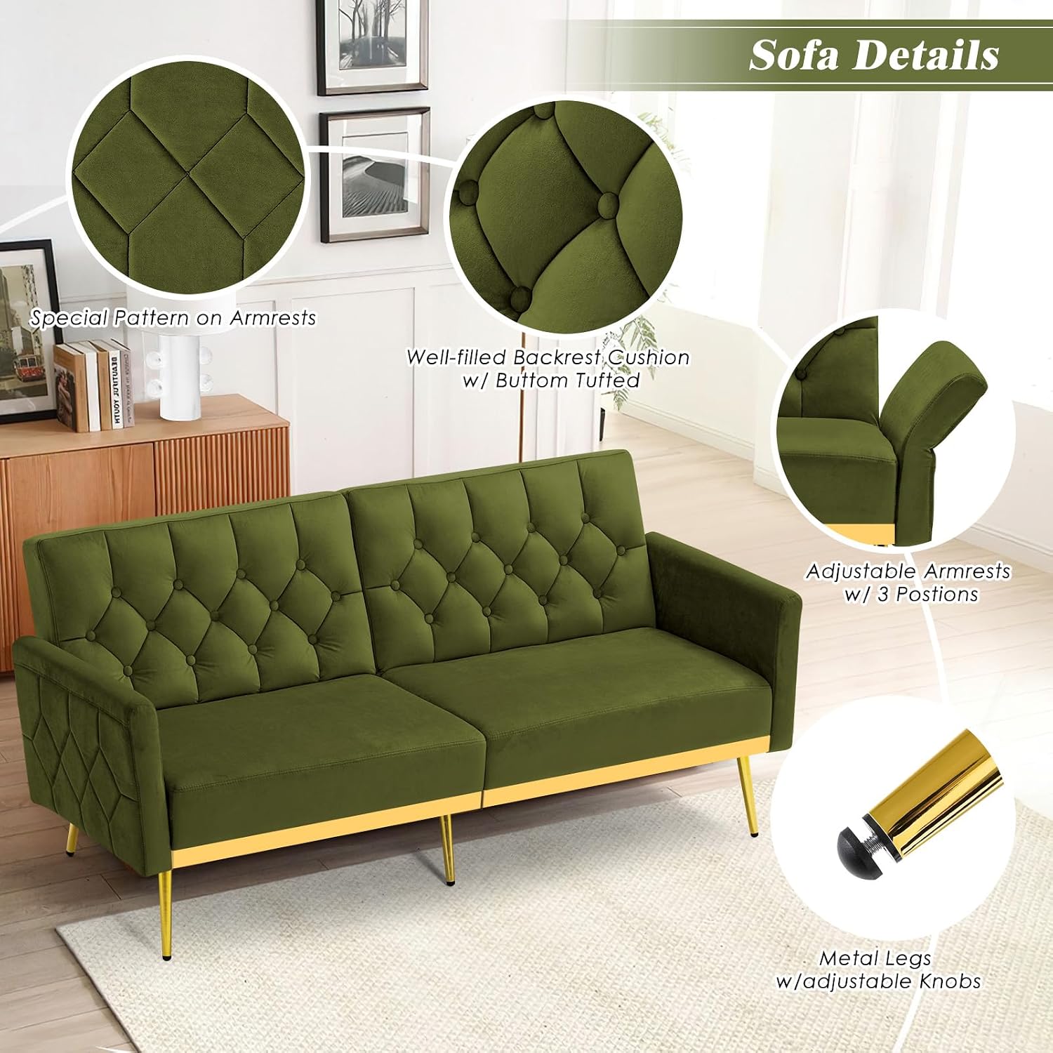 Velvet Sofa Bed w/Adjustable Armrests and Backrests, Modern Convertible Sleeper Sofa, Tufted Futon Sofa for Bedroom, Living Room, Apartment, Olive Green