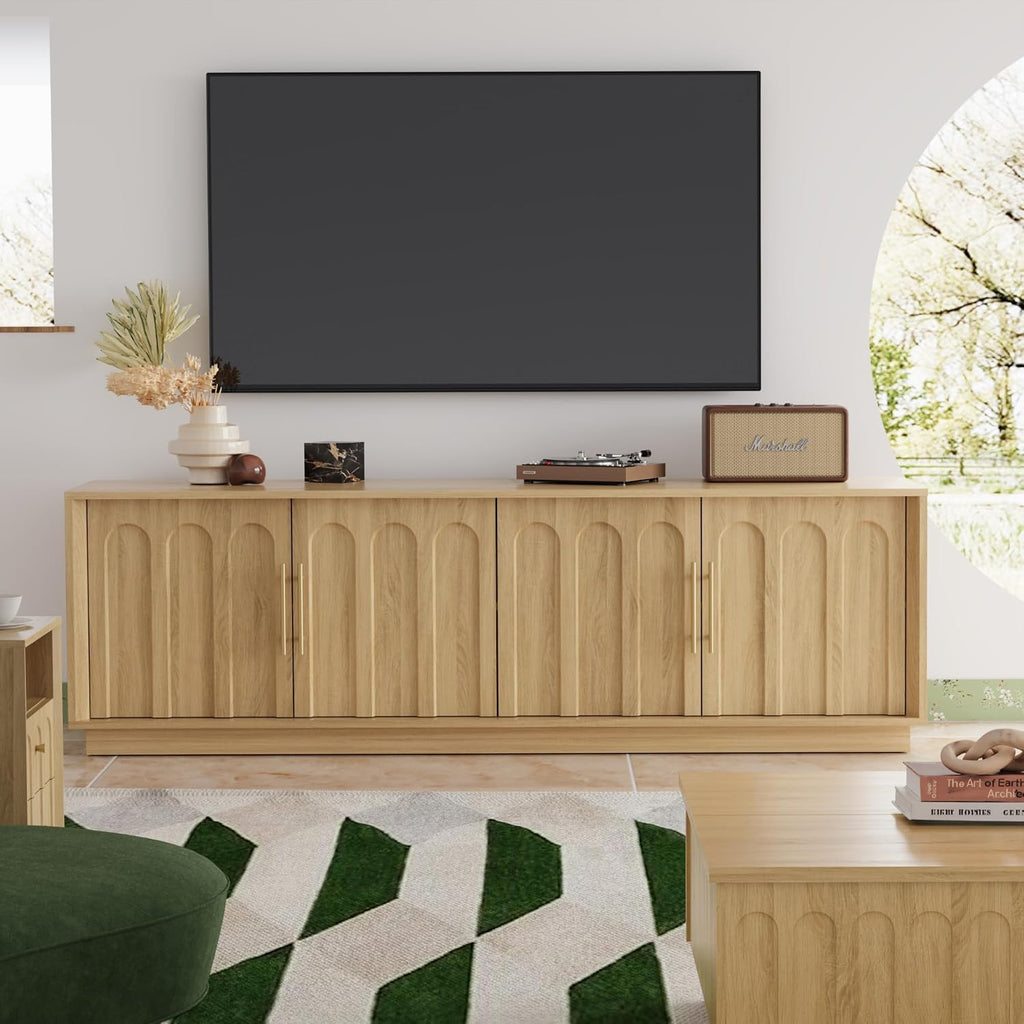 FORTUNETEC TV Stand for 75 Inch TV, Mid Century Modern TV Stand with Arched Design, Wood Grain Finish, Boho Media Console with Adjustable Shelves, 67' Entertainment Center for Living Room Bedroom, Oak