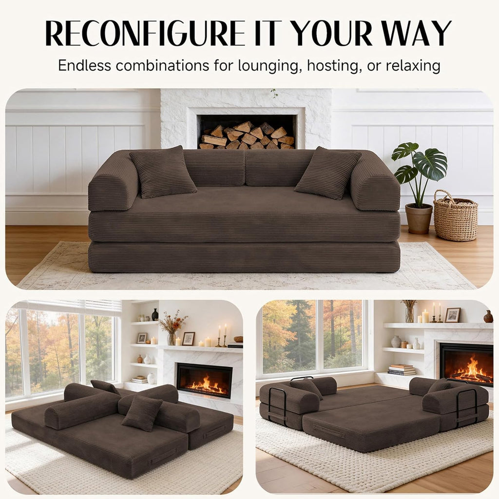 79'' Convertible Sofa Bed, Boneless Couch-in-a-Box, Corduroy Floor Futon Loveseat Sleeper, 26'' Deep Seat, Removable Machine-Wash Covers, No Assembly, 2 Pillows, Brown