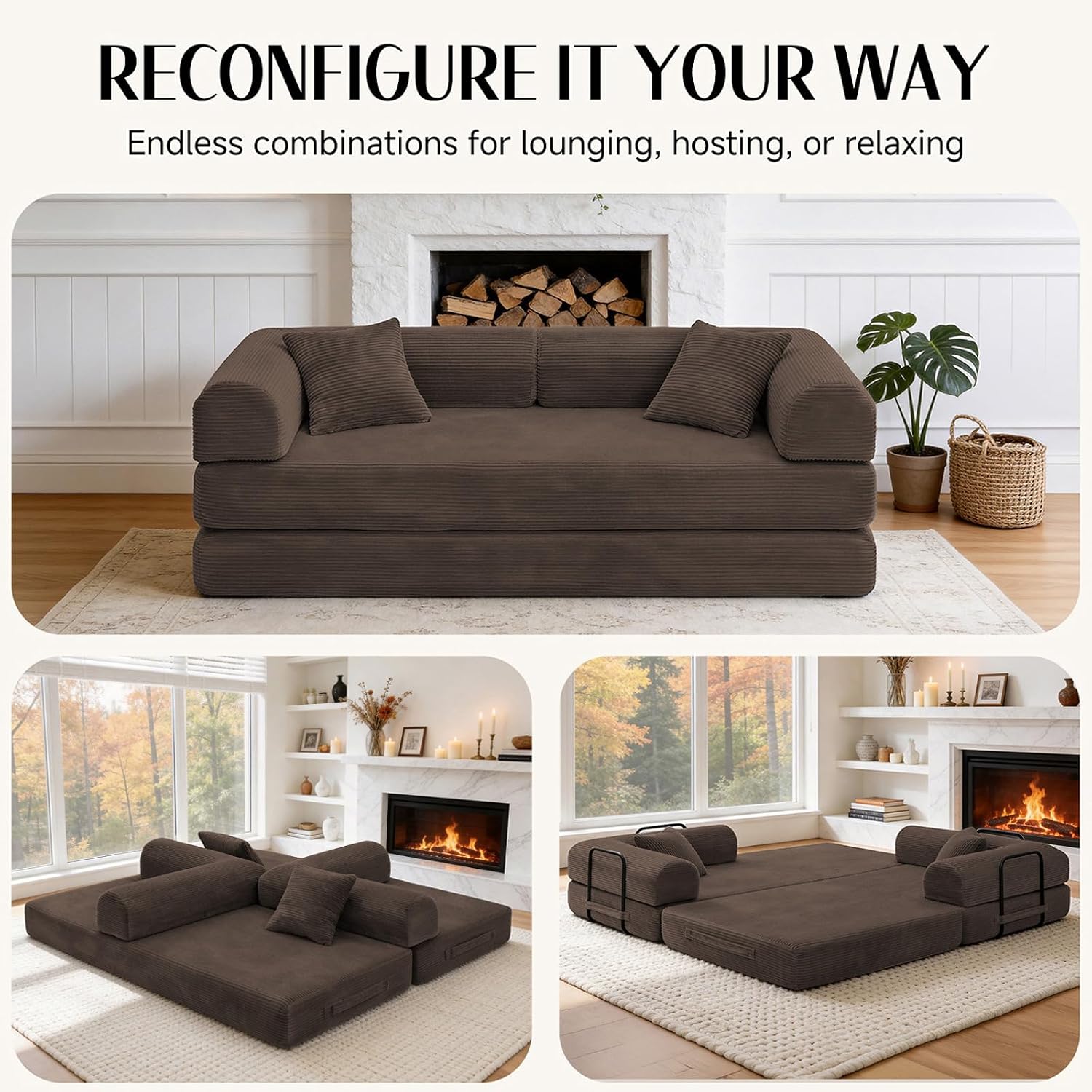 79'' Convertible Sofa Bed, Boneless Couch-in-a-Box, Corduroy Floor Futon Loveseat Sleeper, 26'' Deep Seat, Removable Machine-Wash Covers, No Assembly, 2 Pillows, Brown