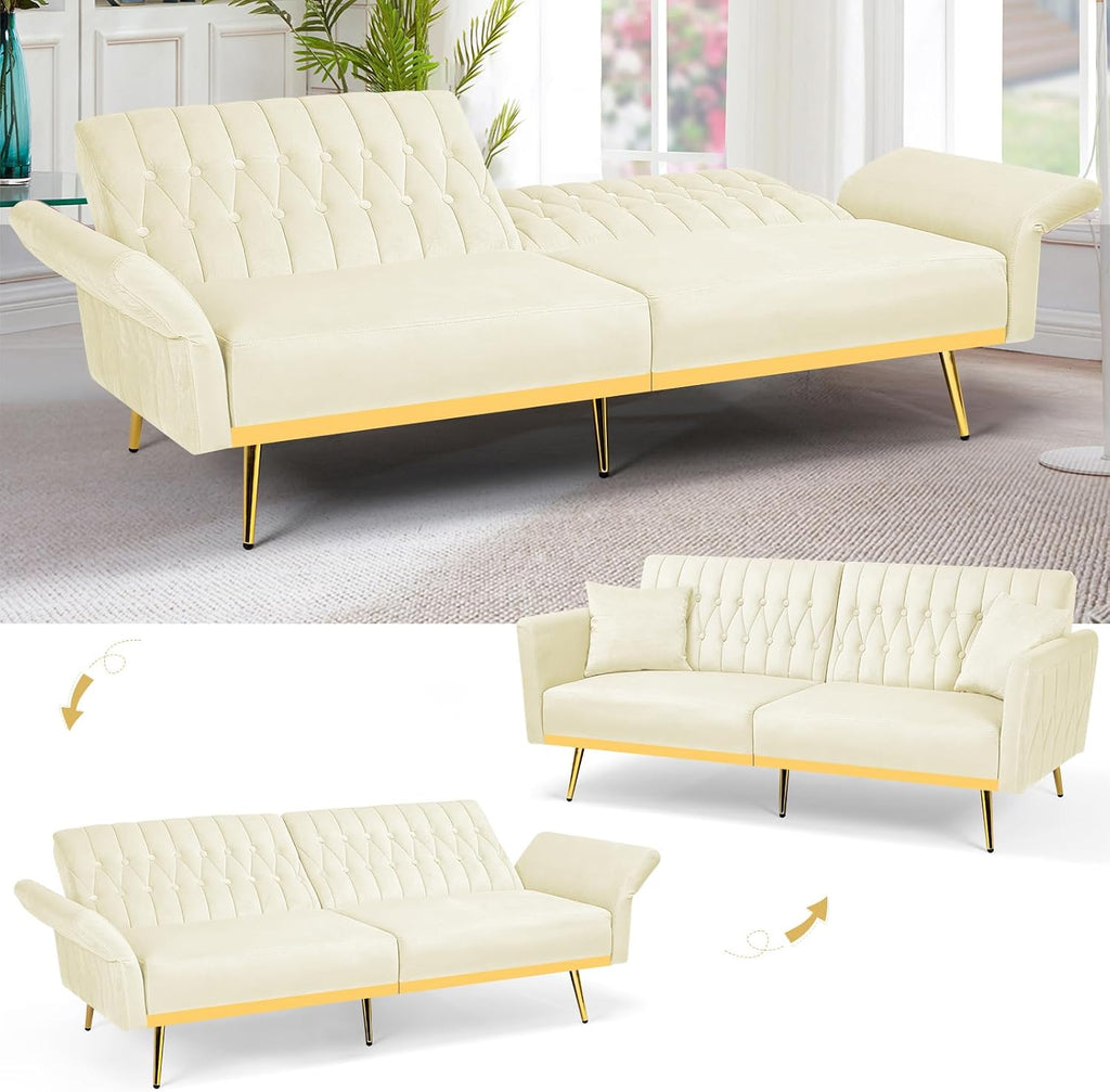 2 Pieces Velvet Sofa Set with Adjustable Armrest and Backrest, 70' Convertible Futon Sofa Bed & Mordern Accent Chair with Ottoman for Living Room, Bedroom, Beige