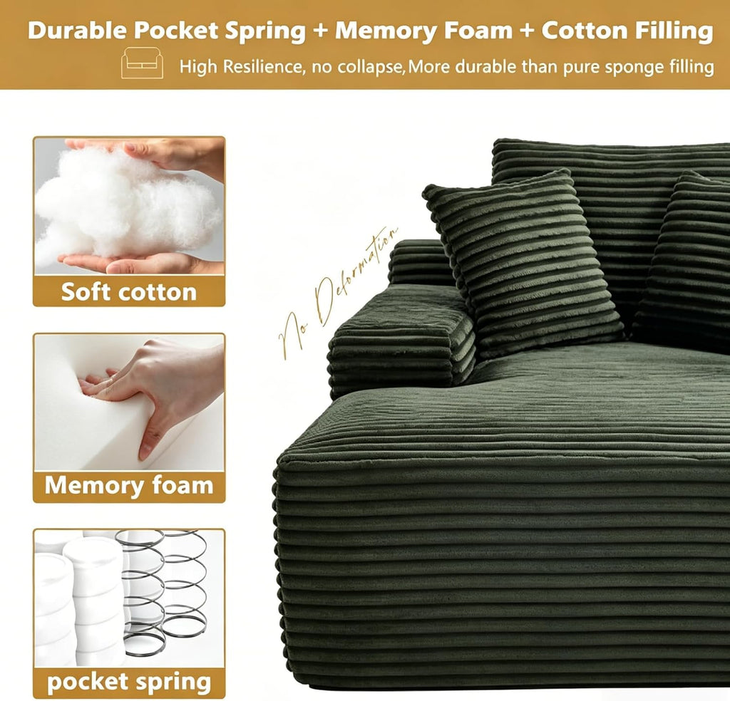 Oversized Boneless Chaise Sofa Bed, Corduroy Chaise Lounge Chair Indoor with Storage Pockets, Upholstered Cloud Sleeper Chair Bed for Small Space, Living Room, Bedroom, Apartment,Green