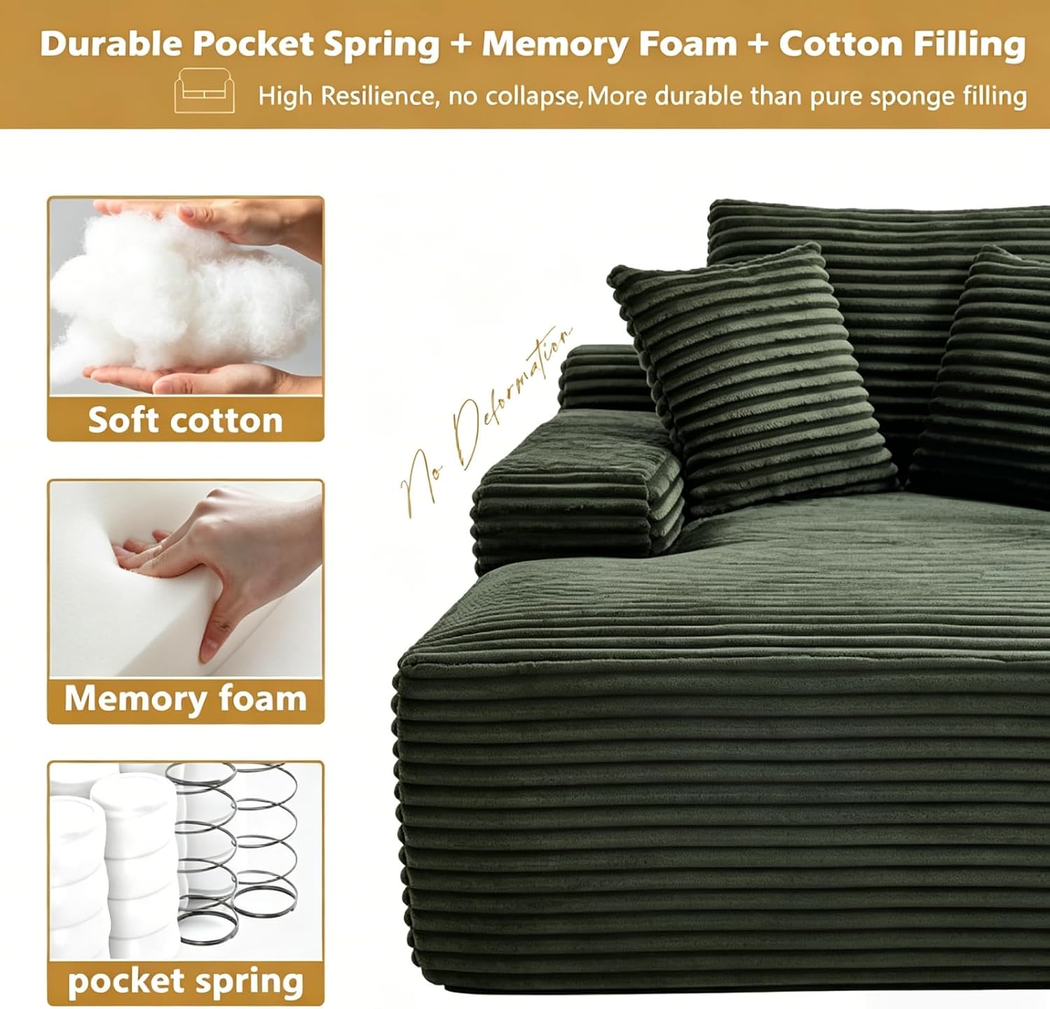 Oversized Boneless Chaise Sofa Bed, Corduroy Chaise Lounge Chair Indoor with Storage Pockets, Upholstered Cloud Sleeper Chair Bed for Small Space, Living Room, Bedroom, Apartment,Green