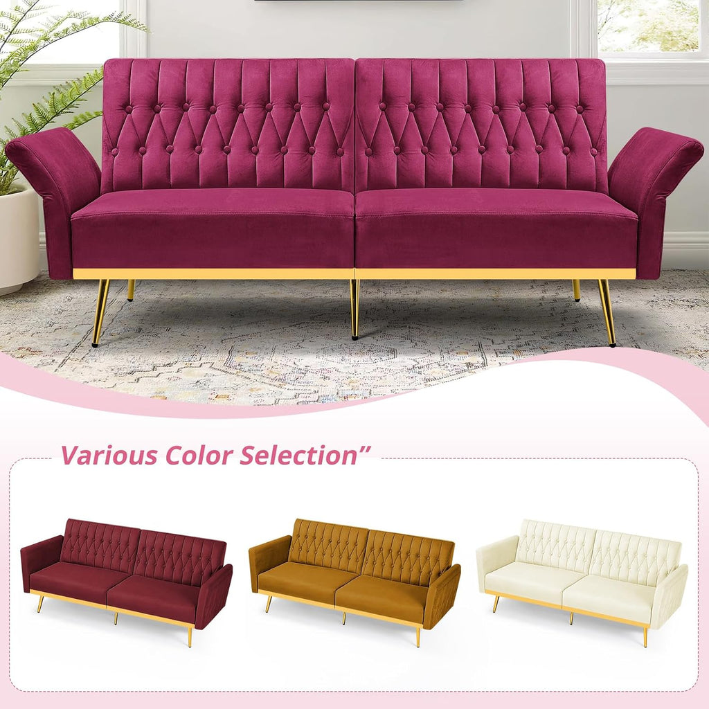 2 Pieces Velvet Futon Sofa Set with Adjustable Backrests and Armrests, 70' Convertible Sofa Bed & Tufted Accent Chair with Ottoman for Living Room, Fuchsia
