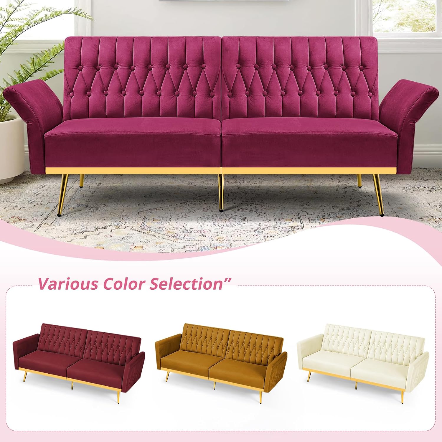 2 Pieces Velvet Futon Sofa Set with Adjustable Backrests and Armrests, 70' Convertible Sofa Bed & Tufted Accent Chair with Ottoman for Living Room, Fuchsia