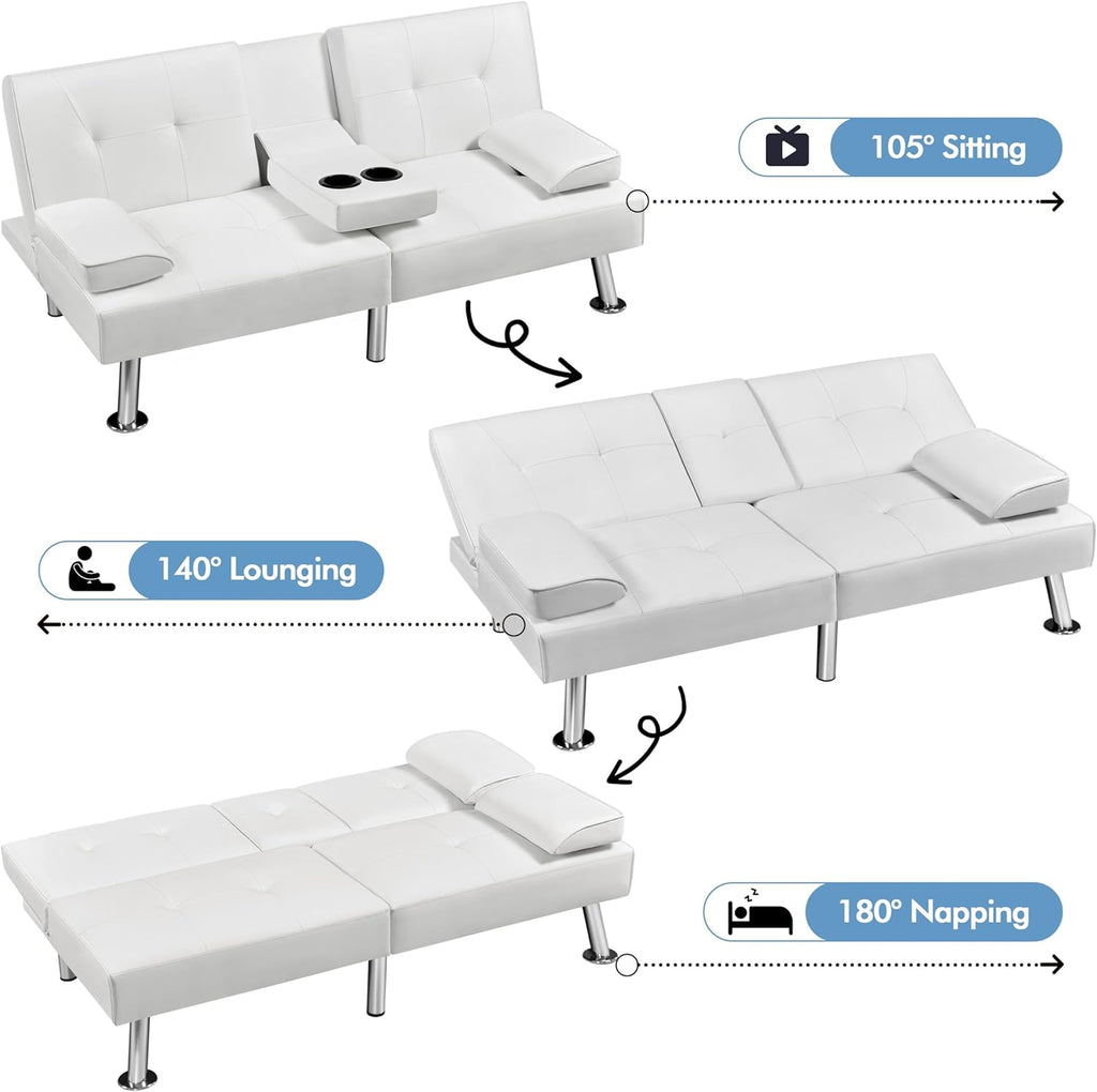 Yaheetech Convertible Sofa Bed Adjustable Couch Sleeper Modern Faux Leather Home Recliner Reversible Loveseat Folding Daybed Guest Bed, Removable Armrests, Cup Holders, 3 Angles, 772lb Capacity, White