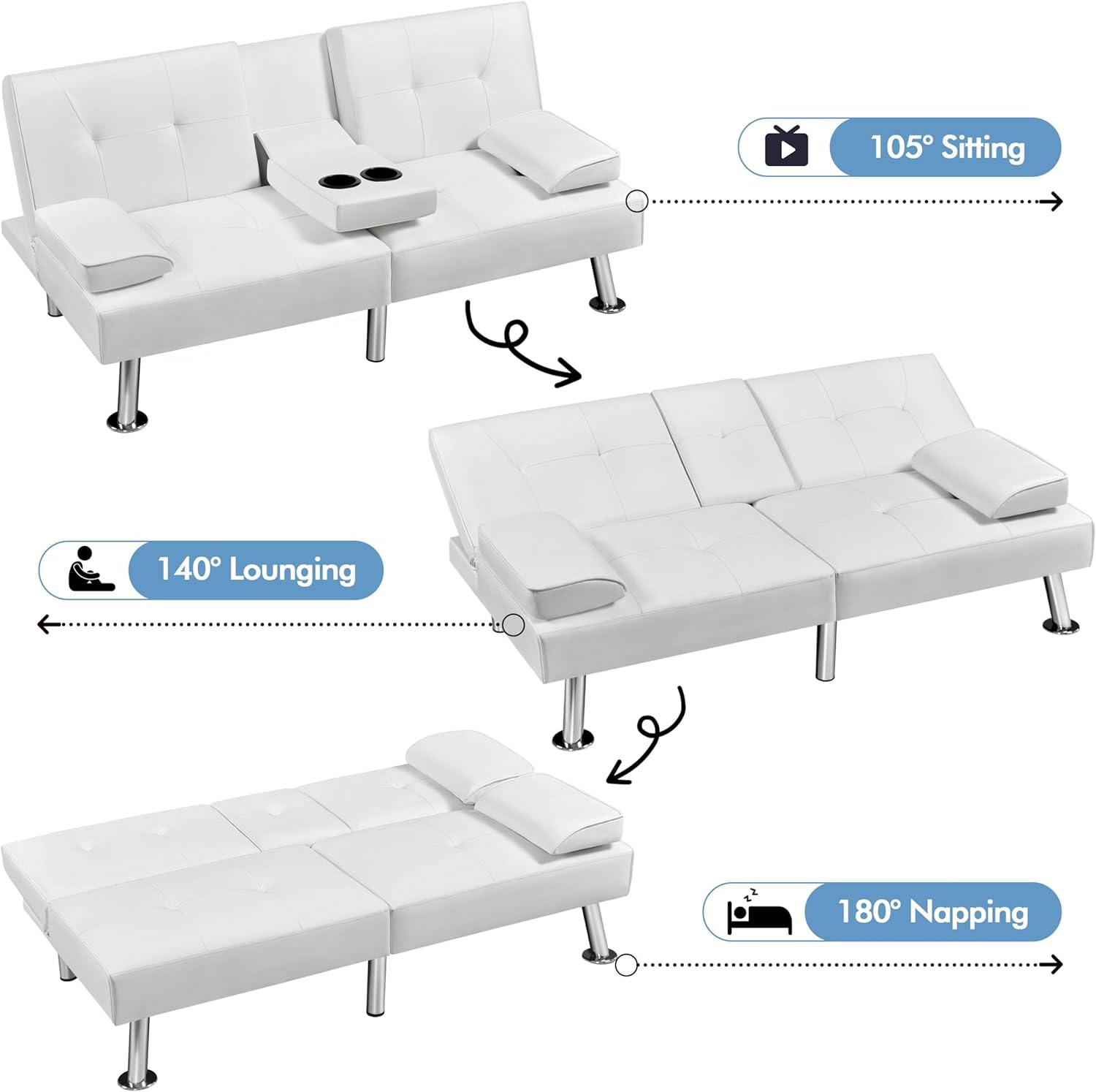 Yaheetech Convertible Sofa Bed Adjustable Couch Sleeper Modern Faux Leather Home Recliner Reversible Loveseat Folding Daybed Guest Bed, Removable Armrests, Cup Holders, 3 Angles, 772lb Capacity, White