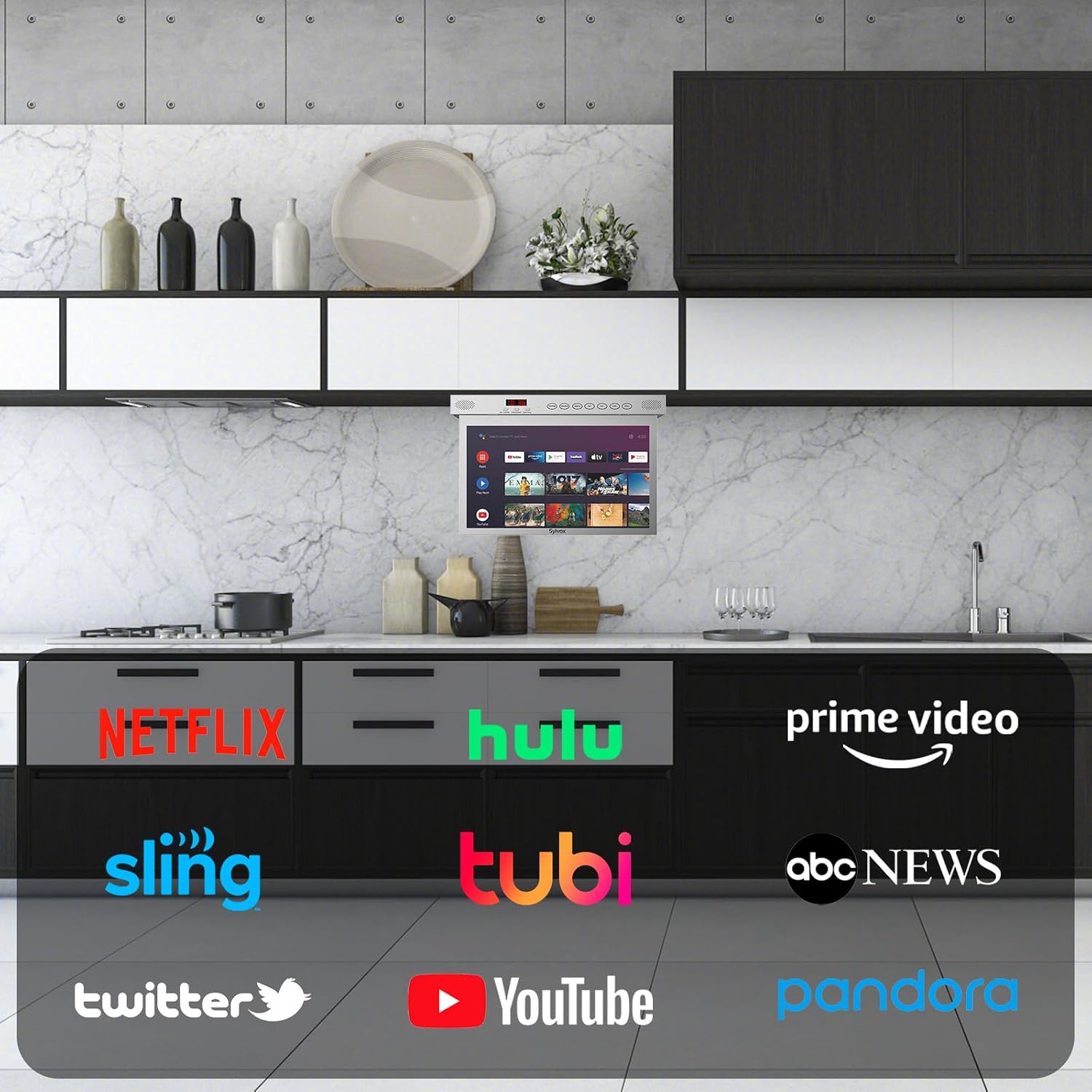SYLVOX 15.6' Under Cabinet Smart TV – 360° Rotation, 90° Flip-Down Screen, Wireless Connectivity, Space-Saving Design for Kitchen, Bedroom, or RV. (Metallic Silver)