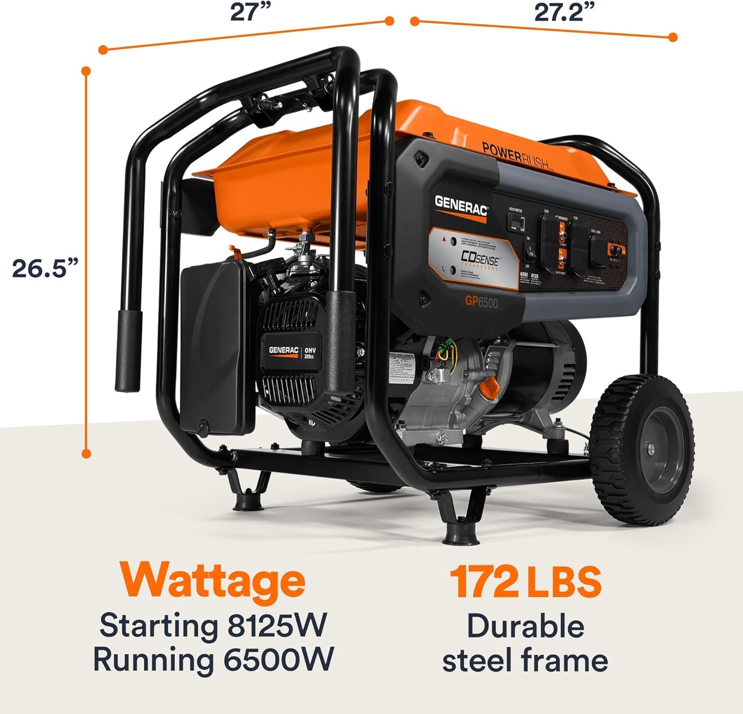 Generac 8,125 Starting Watt Portable Gas Generator, PowerRush Technology, COsense Carbon Monoxide Detection, 10.5 Hour Runtime, Heavy Duty Steel Frame, Home Backup Emergency, 49-State