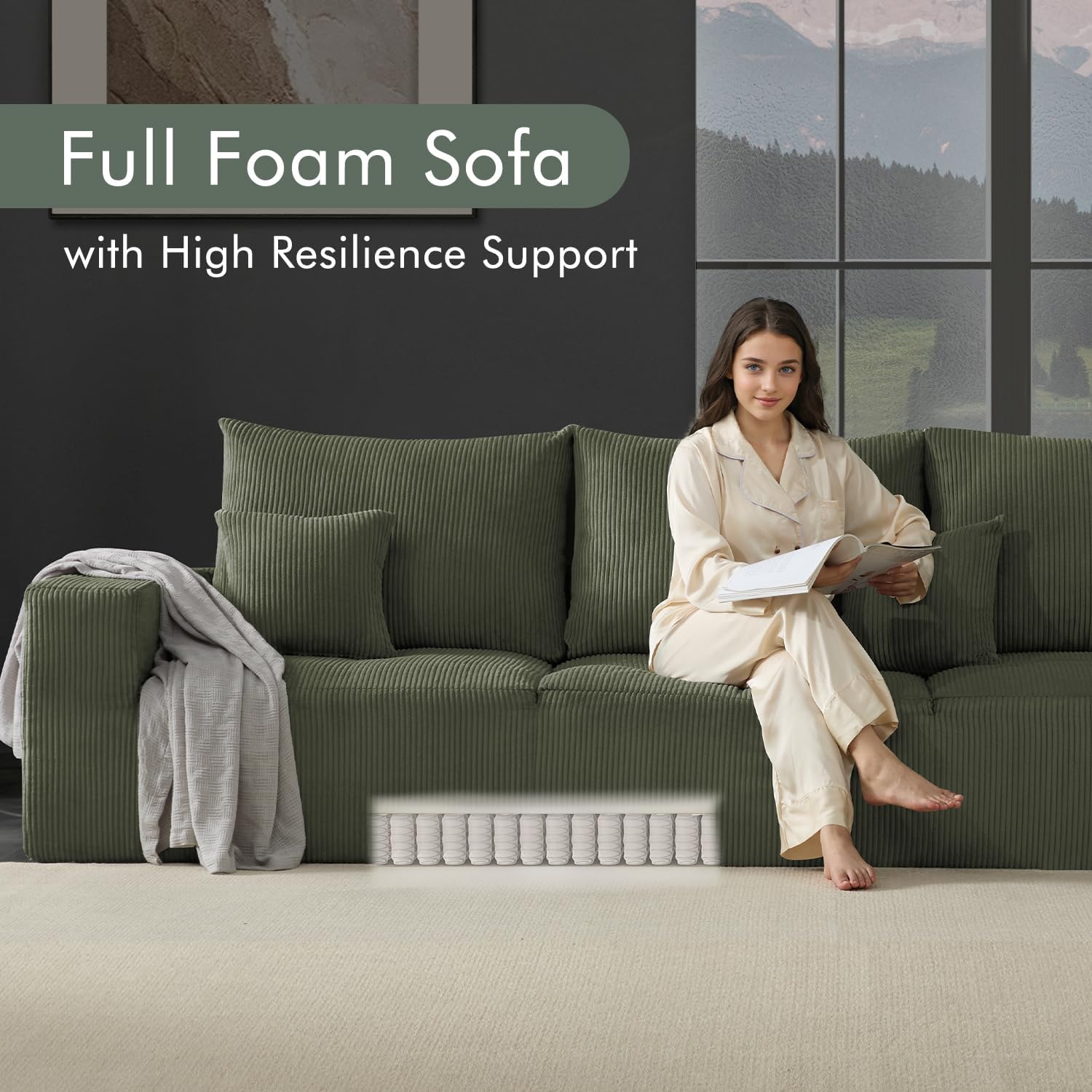 Gericco 113' Modular Sectional Couch, Cloud Boneless Sofa with Deep Seats, Upholstered Corduroy Sofa Bed with Loung Chaise, 3-Seater Couches for Living Room, No Assembly Required, Green