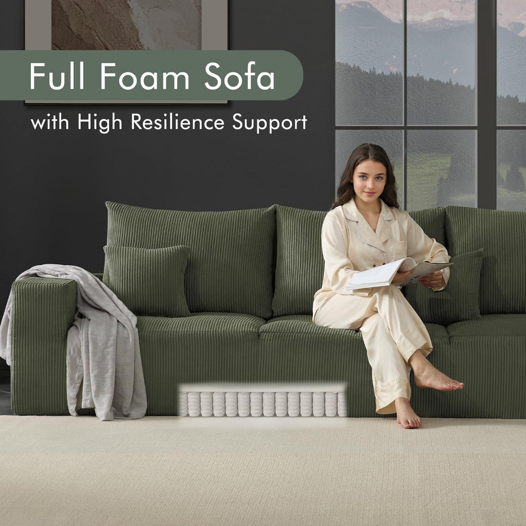 Gericco 113' Modular Sectional Couch, Cloud Boneless Sofa with Deep Seats, Upholstered Corduroy Sleeper Sofa Bed with 3-Seater for Living Room, No Assembly Required, Green