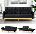 Velvet Futon Sofa Bed w/Adjustable Armrests & Backrests, Button Tufted Sleeper Couch, Modern Convertible Loveseat Sofa for Bedroom, Living Room, Apartment, Black