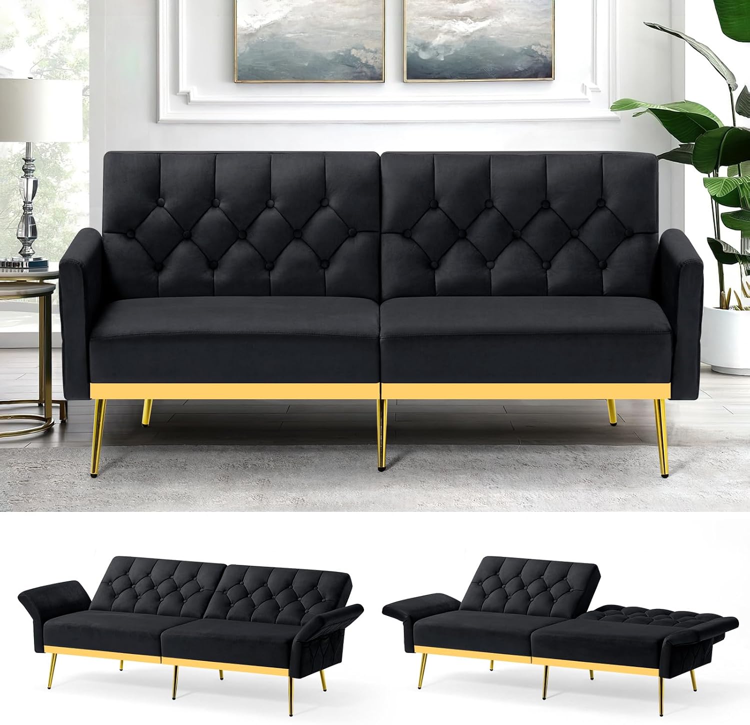 Velvet Futon Sofa Bed w/Adjustable Armrests & Backrests, Button Tufted Sleeper Couch, Modern Convertible Loveseat Sofa for Bedroom, Living Room, Apartment, Black