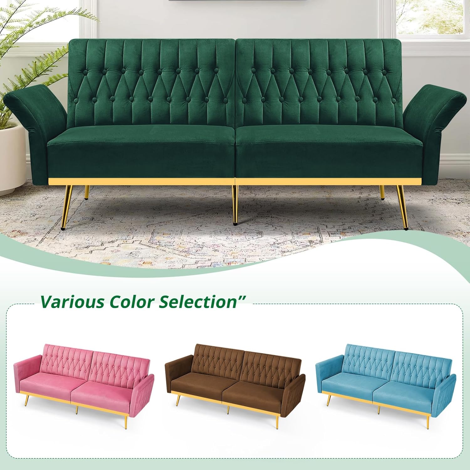 2 Pieces Velvet Sofa Set with Adjustable Armrest and Backrest, 70' Convertible Futon Sofa Bed & Mordern Accent Chair with Ottoman for Living Room, Bedroom, Green