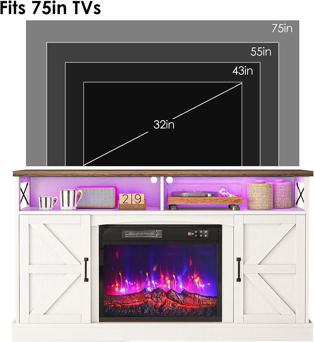 YGEOMER TV Stand with Fireplace, 59in Entertainment Center with LED Lights, for 65 inch TVs, with Opening Shelves and Storage Cabinets, for Living Room, White