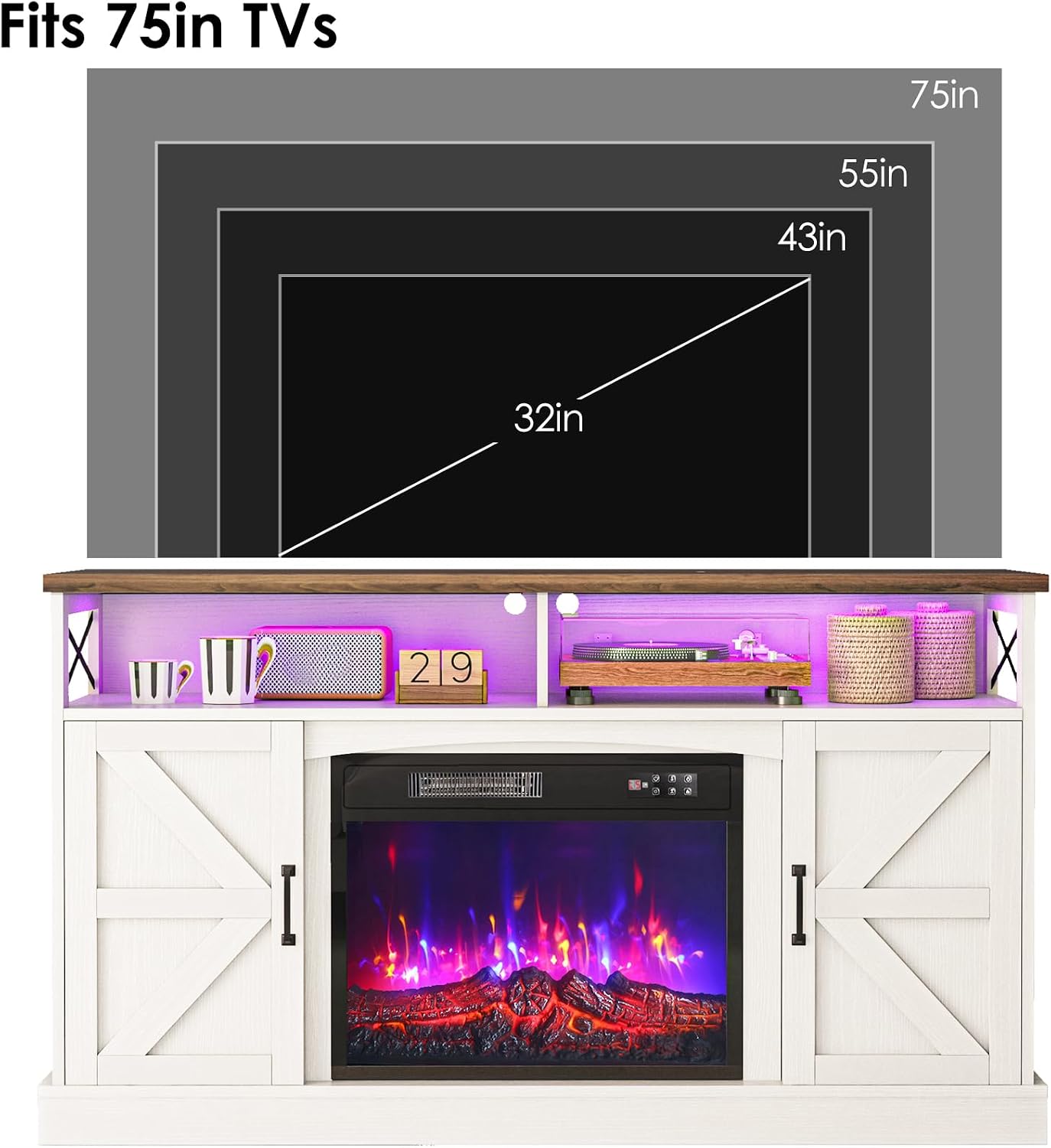 YGEOMER TV Stand with Fireplace, 59in Entertainment Center with LED Lights, for 65 inch TVs, with Opening Shelves and Storage Cabinets, for Living Room, White