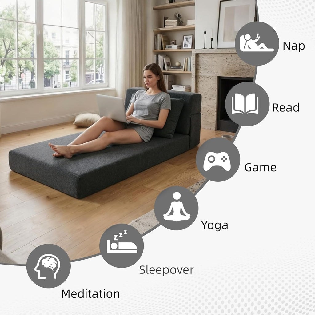 Folding Sofa Bed, Convertible Sleeper Chair with Pillow, Loveseat Fold Out Chair Bed, Memory Foam Floor Couch Mattress, Foldable Futon Couch Lounge for Living Room Guest Room (Grey, Twin XL)