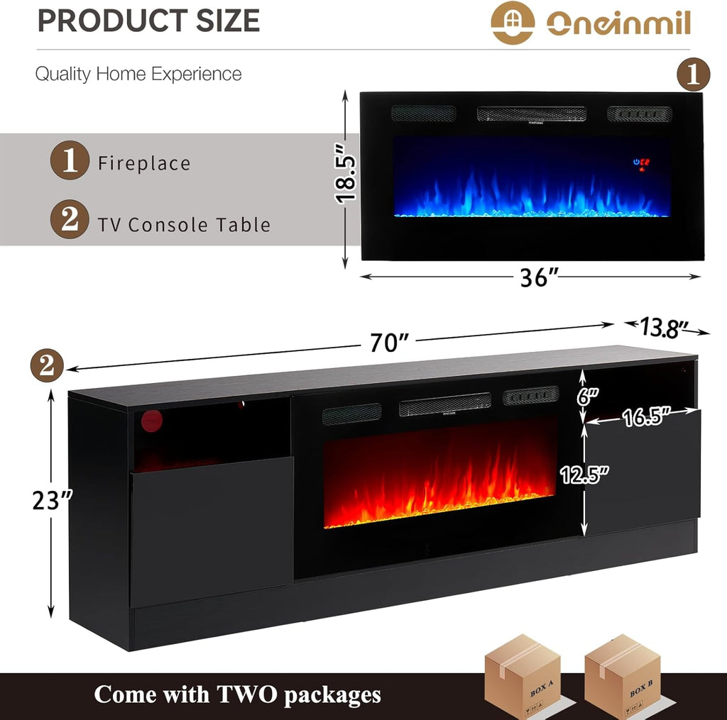oneinmil Fireplace TV Stand with 36' Electric Fireplace, LED Light Entertainment Center, Modern Wood Texture Entertainment Stand with Highlight Storage Cabinet for TVs Up to 80', 70 inches, Black