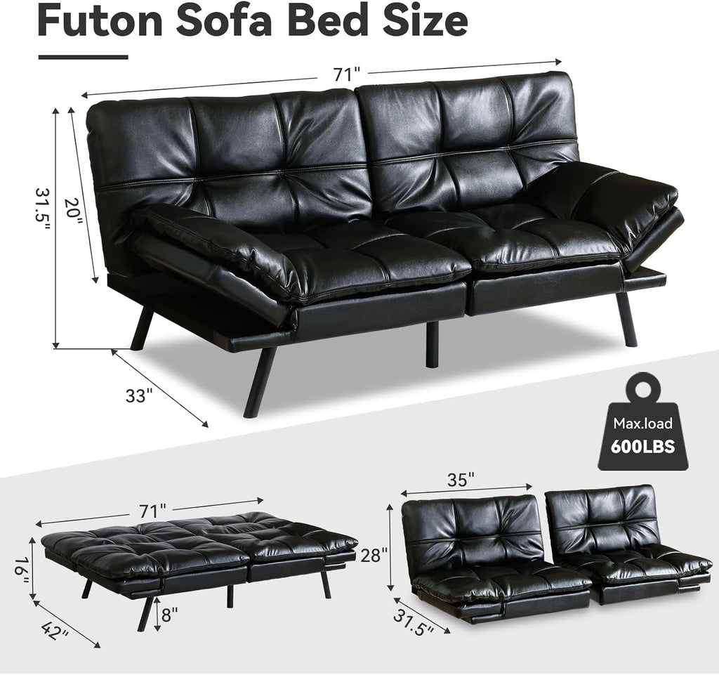 Black Faux Leather Futon Sofa Bed, Memory Foam Futon Couch with Convertible Backrests & Armrests, Small Splitback Loveseat Sofa for Living Room, Home Office, Apartment