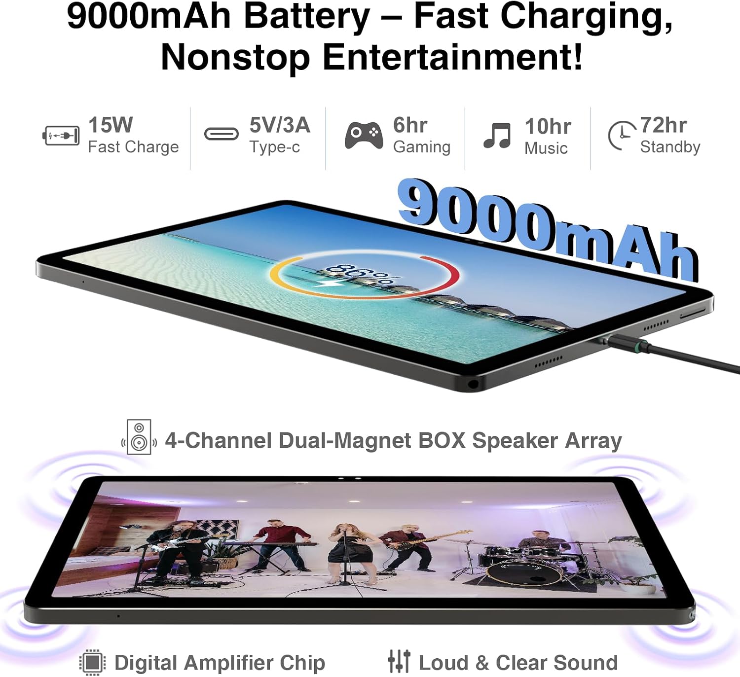 2026 Latest 11 inch Android Tablet, 18GB RAM 128GB ROM, 1TB Expandable, 2K Display, T616 Octa-Core, 13MP+5MP+5MP Camera, 9000mAh Battery, GPS, Face ID, Quad Speakers, Tablet with Keyboard and Pen
