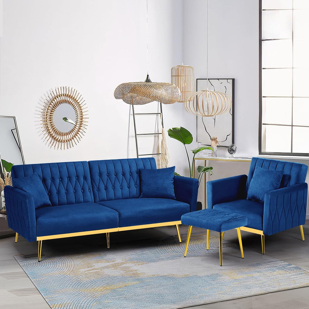 2 Pieces Velvet Futon Sofa Set with Adjustable Backrests and Armrests, 70' Convertible Sofa Bed & Tufted Accent Chair with Ottoman for Living Room, Blue