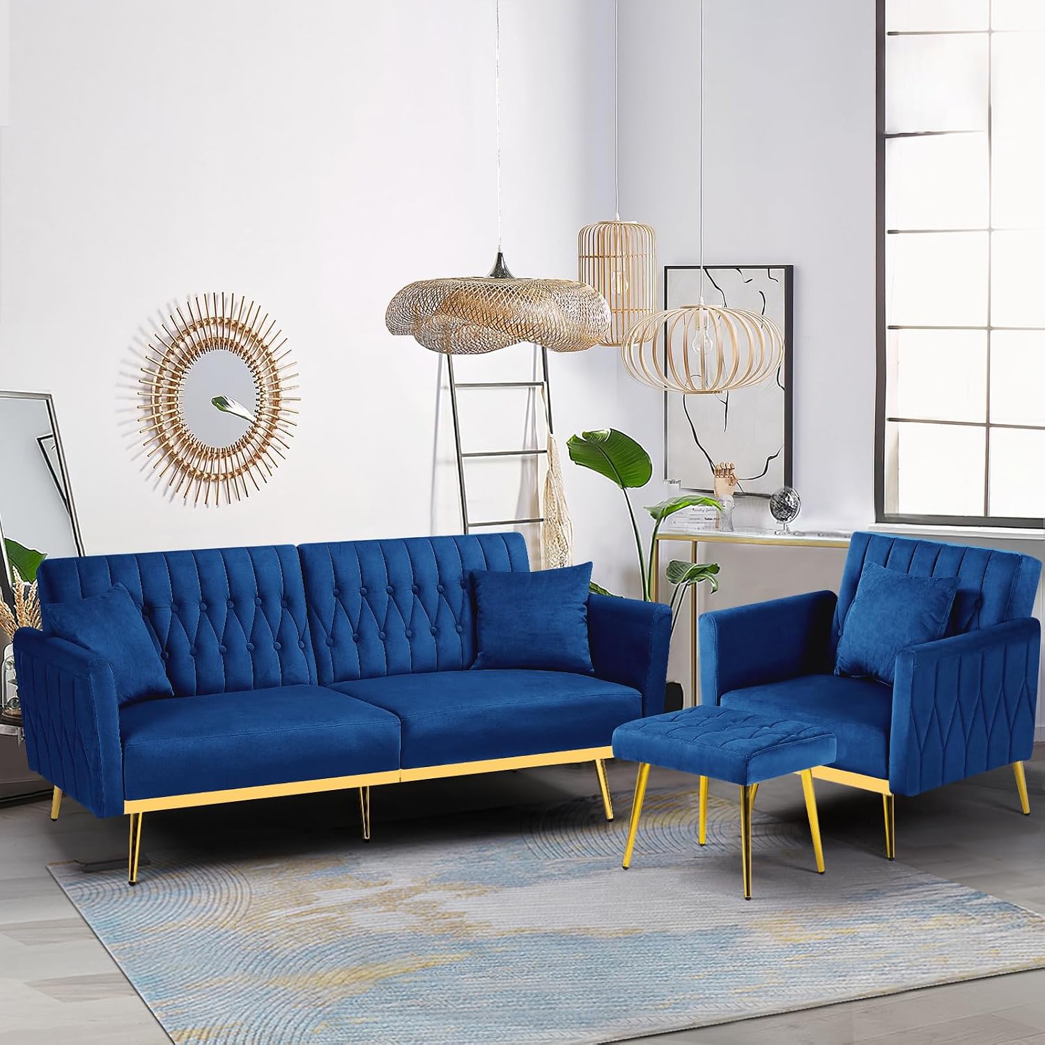 2 Pieces Velvet Futon Sofa Set with Adjustable Backrests and Armrests, 70' Convertible Sofa Bed & Tufted Accent Chair with Ottoman for Living Room, Blue