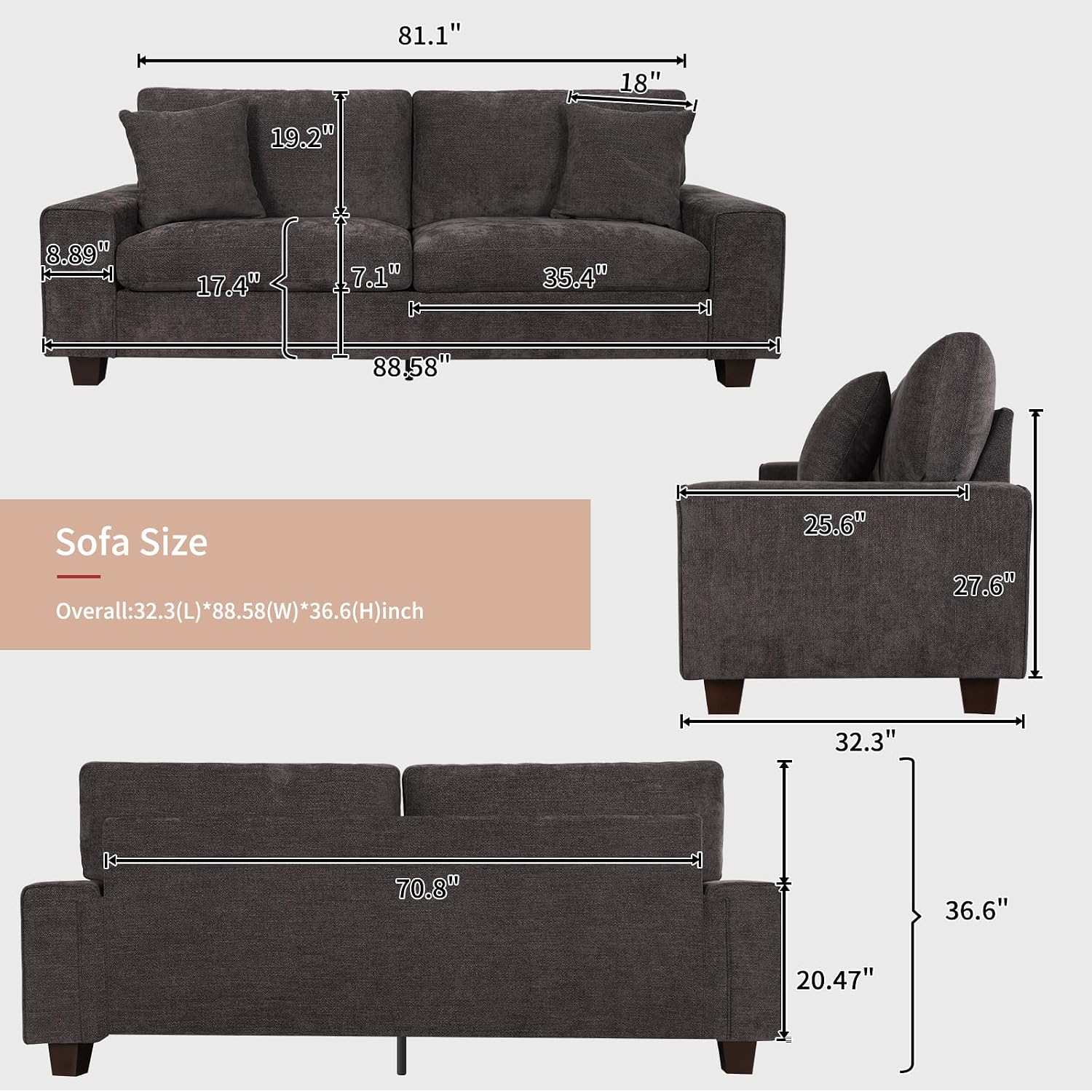 DOPEDIO Modern Loveseat Sofa for Living Room,Chenille Recliner, Removable Cover, Pocket Spring Cushions, Solid Wood Frame, Easy Assembly for Small Spaces (88.58inch，Dark Grey)