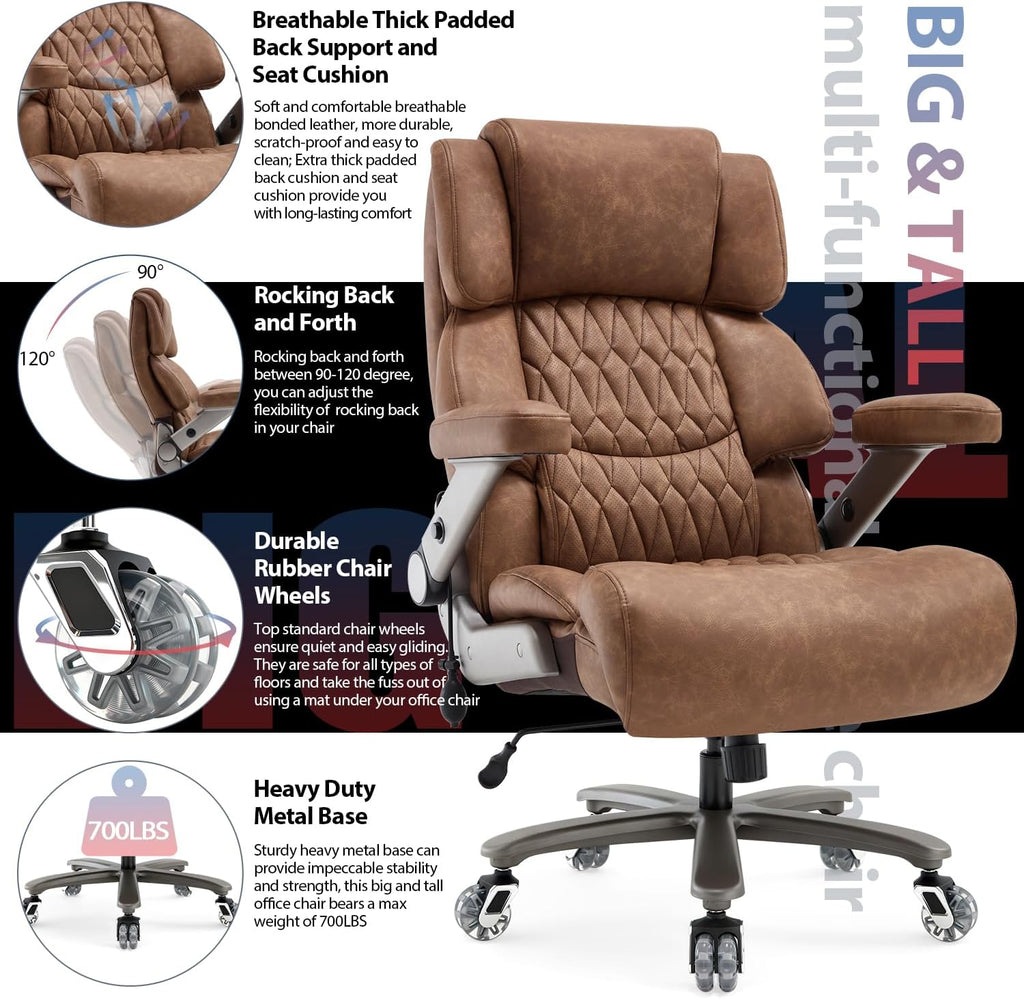 700lbs Big and Tall Office Chair - Adjustable Lumbar Support Heavy Duty Metal Base Quiet Rubber Wheels High Back Large Executive Computer Desk Swivel Chair, Ergonomic Design for Back Pain